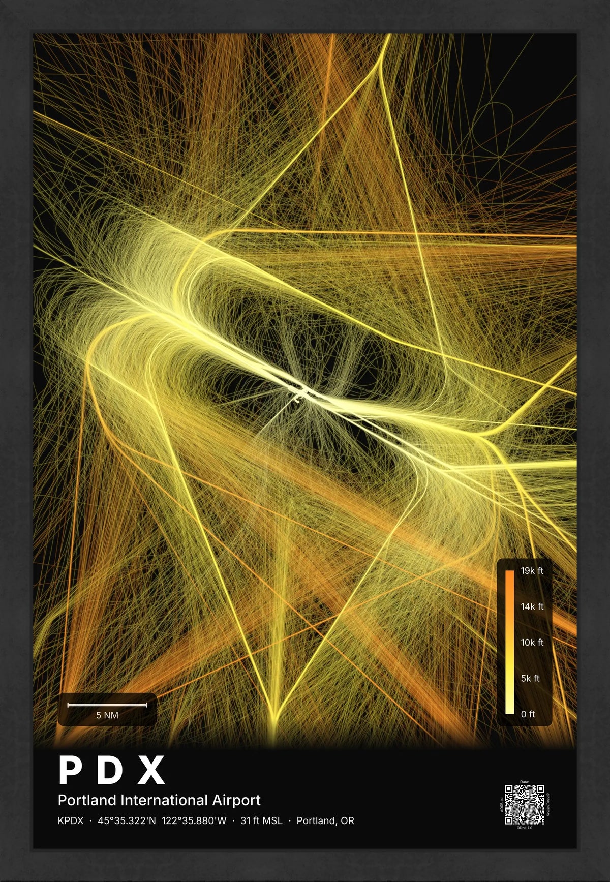 PDX flight path print — Solana theme · Dark [material:framed_black]
