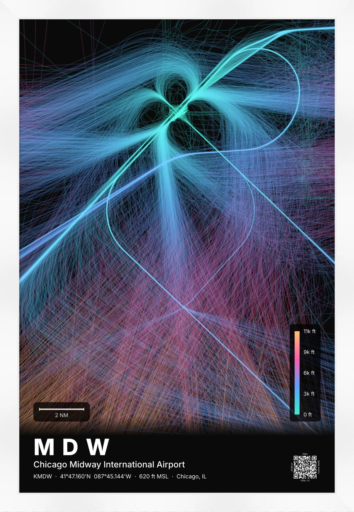 MDW flight path print — Aurora theme · Dark [material:framed_white]