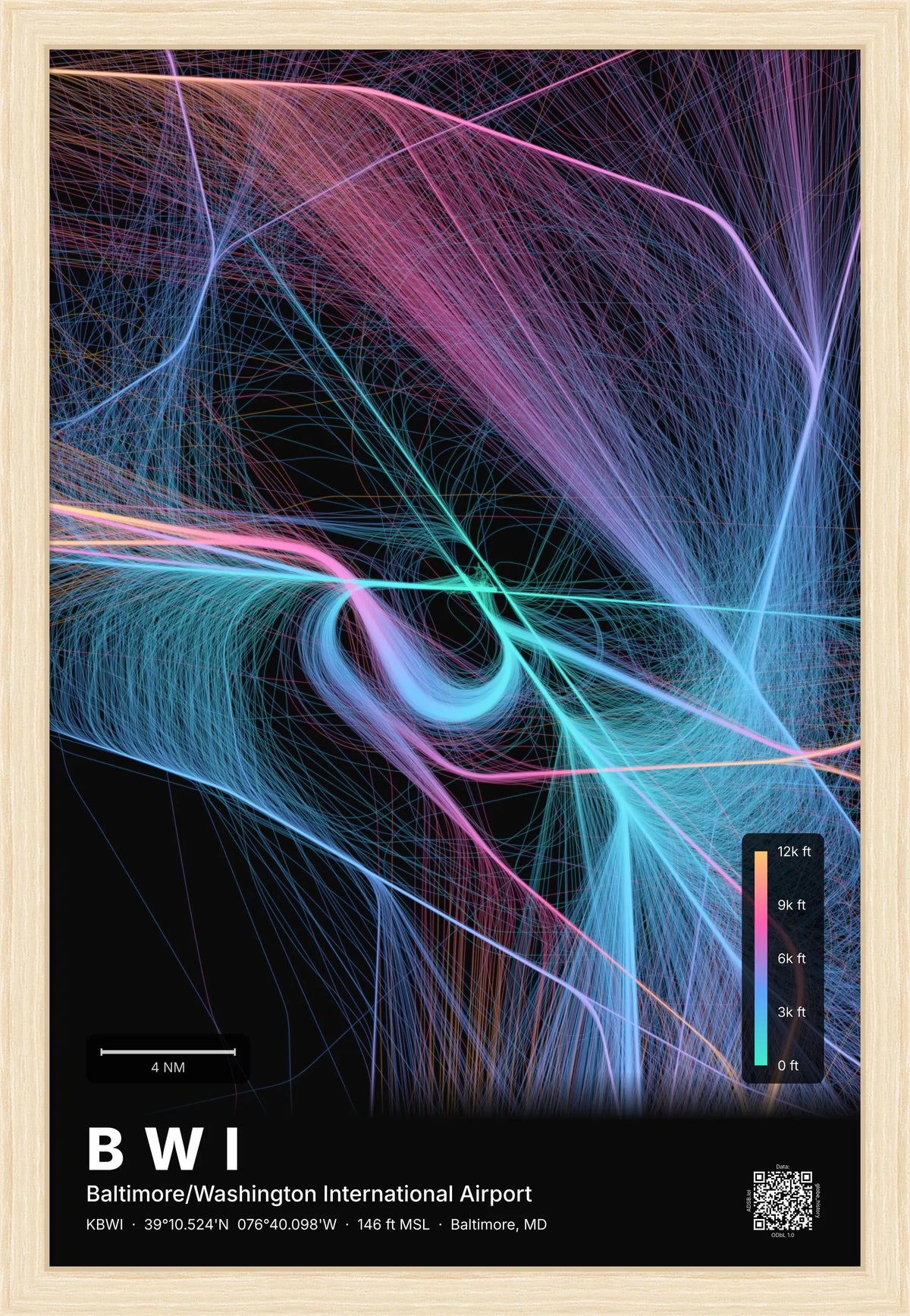 BWI flight path print — Aurora theme · Dark [material:framed_natural]