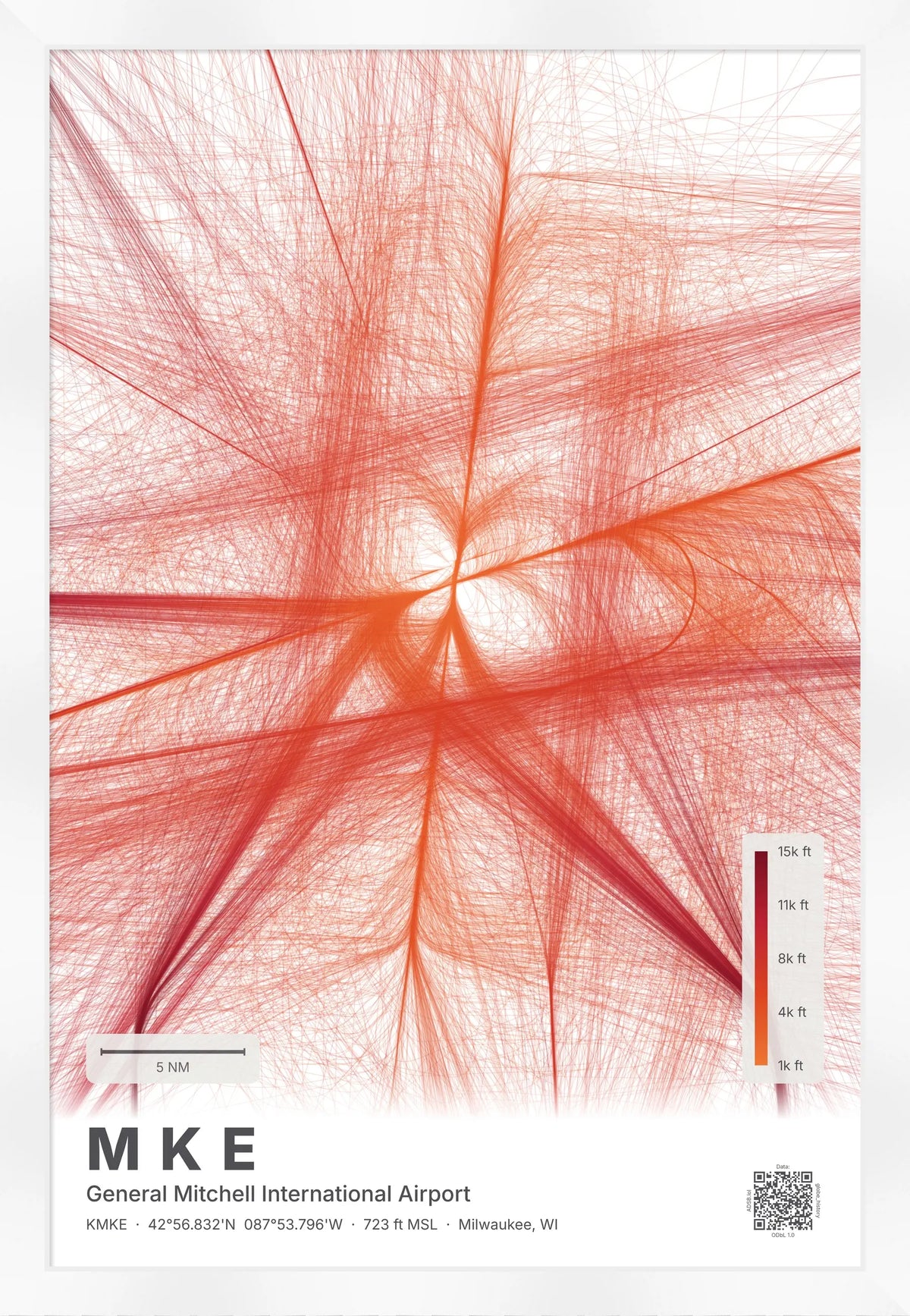 MKE flight path print — Inferno theme · Light [material:framed_white]