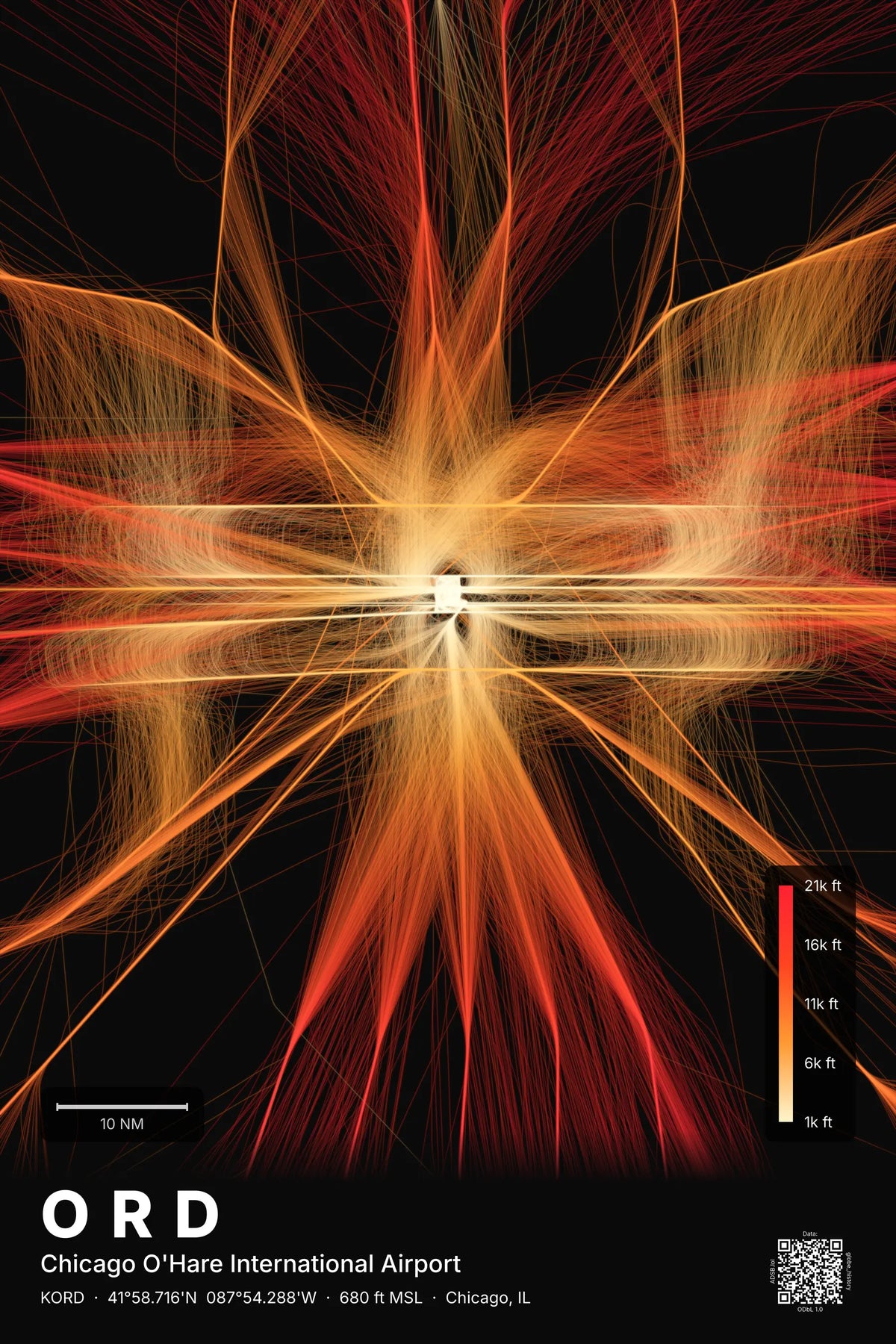 ORD flight path map — Inferno theme · Dark