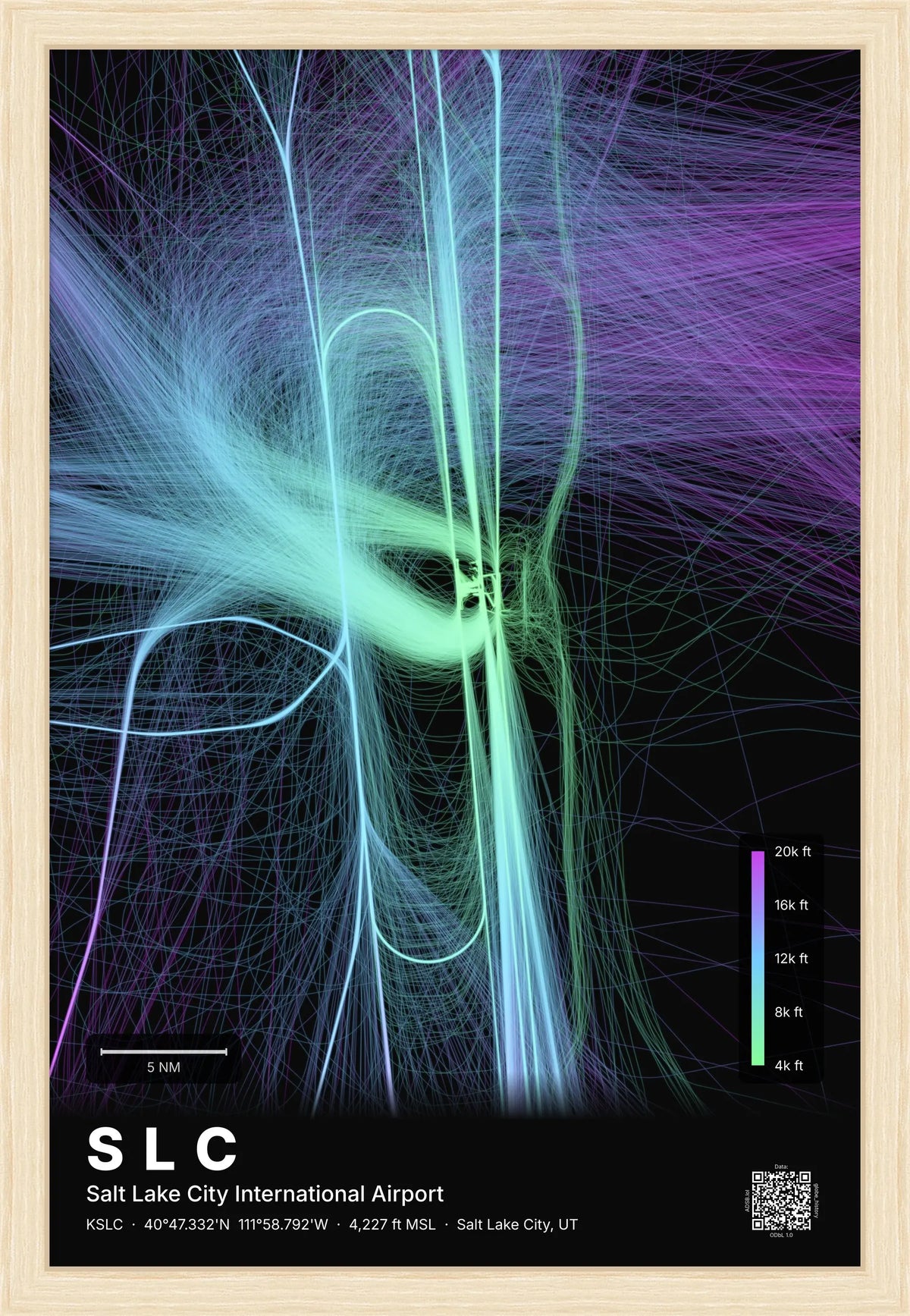SLC flight path print — Prism theme · Dark [material:framed_natural]