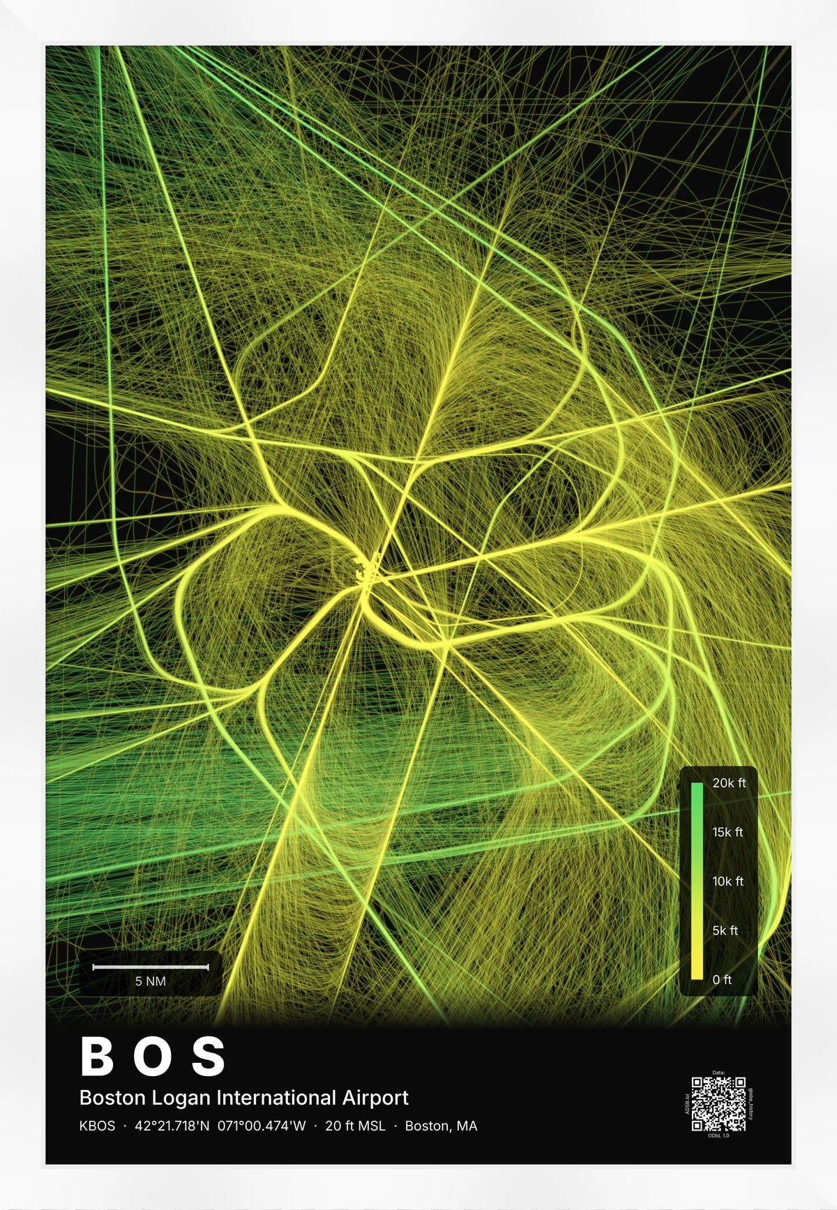 BOS flight path print — Citrus theme · Dark [material:framed_white]