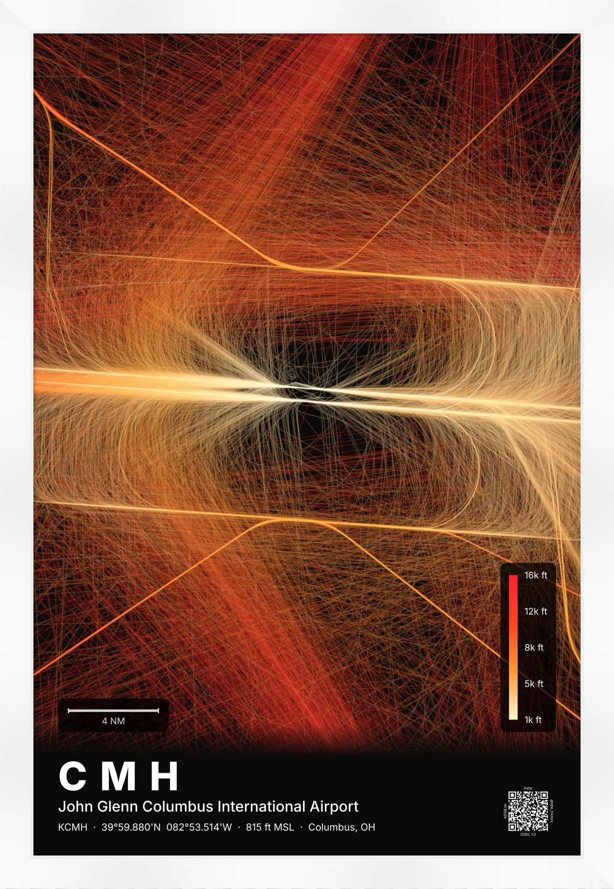 CMH flight path print — Inferno theme · Dark [material:framed_white]