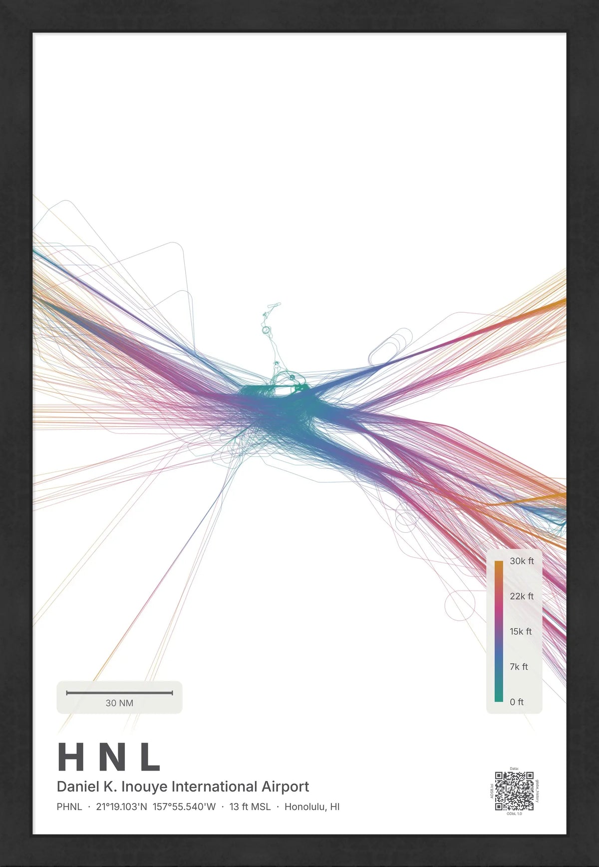 HNL flight path print — Aurora theme · Light [material:framed_black]