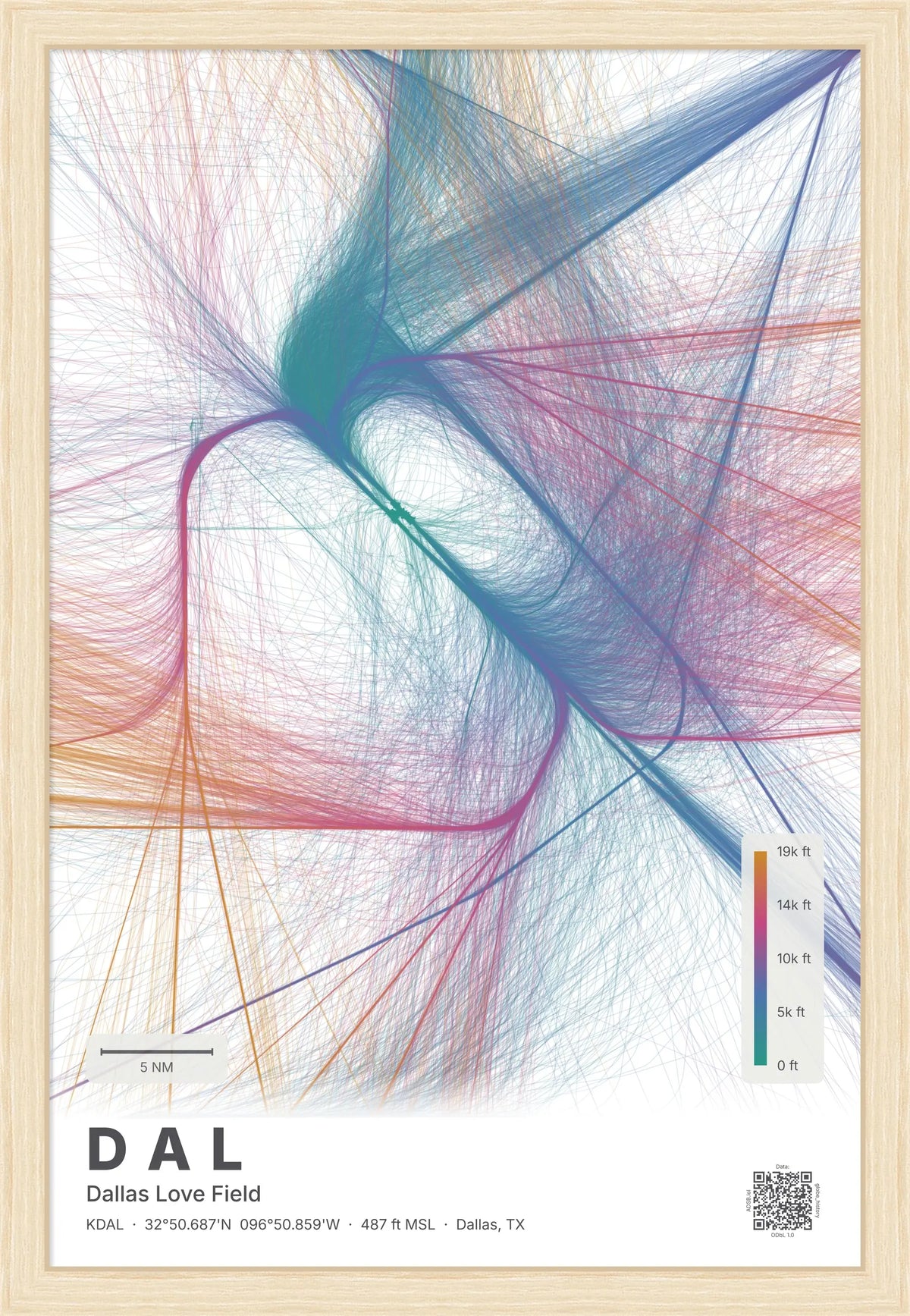 DAL flight path print — Aurora theme · Light [material:framed_natural]