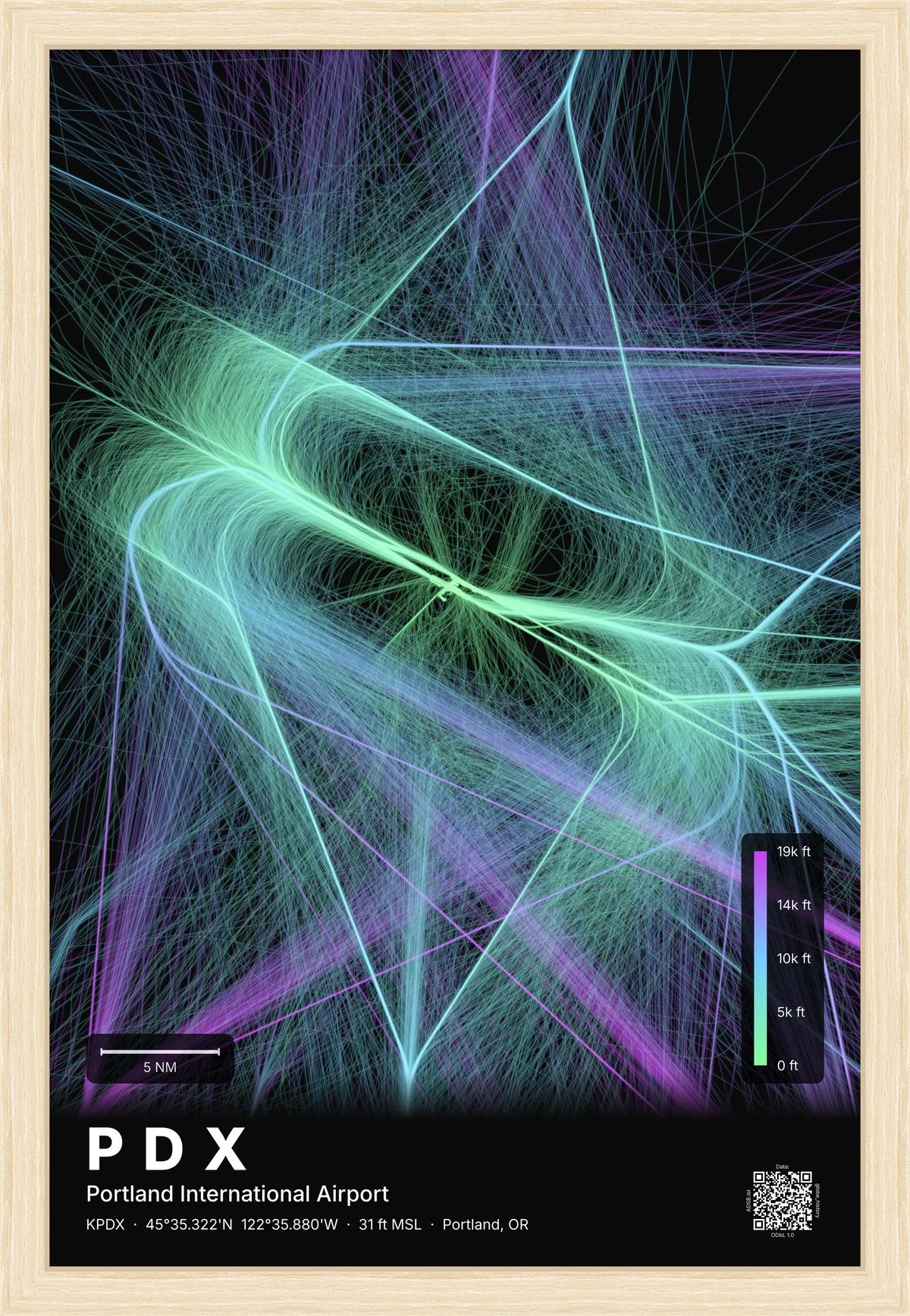 PDX flight path print — Prism theme · Dark [material:framed_natural]