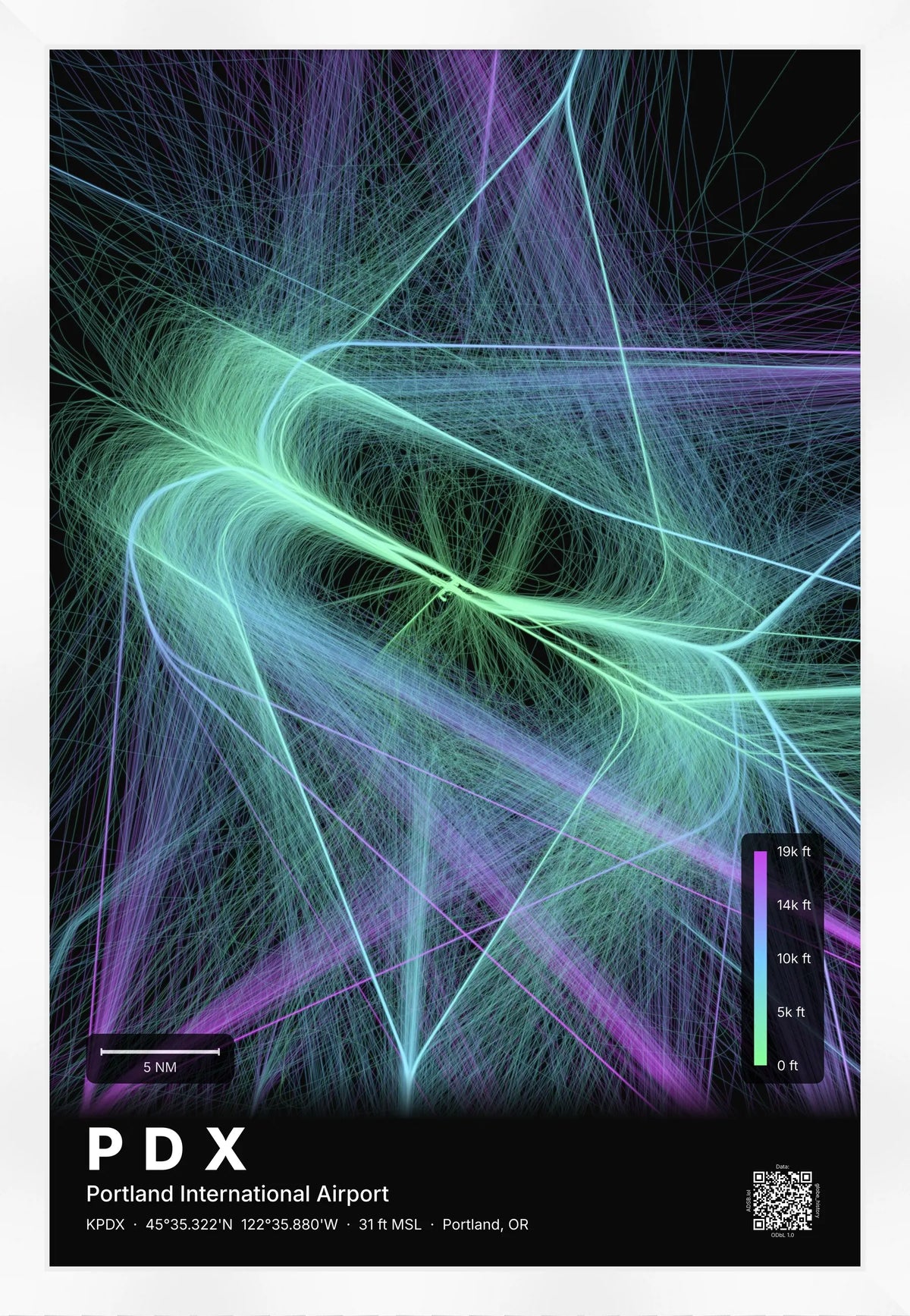 PDX flight path print — Prism theme · Dark [material:framed_white]