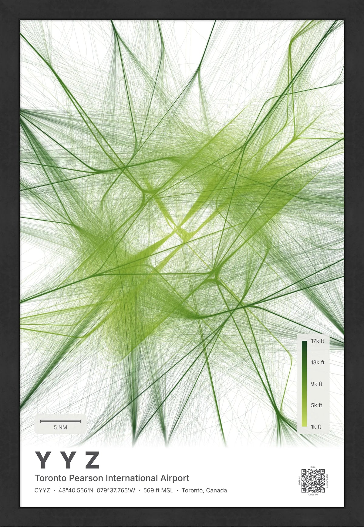YYZ flight path map — Citrus theme · Light [material:framed_black]