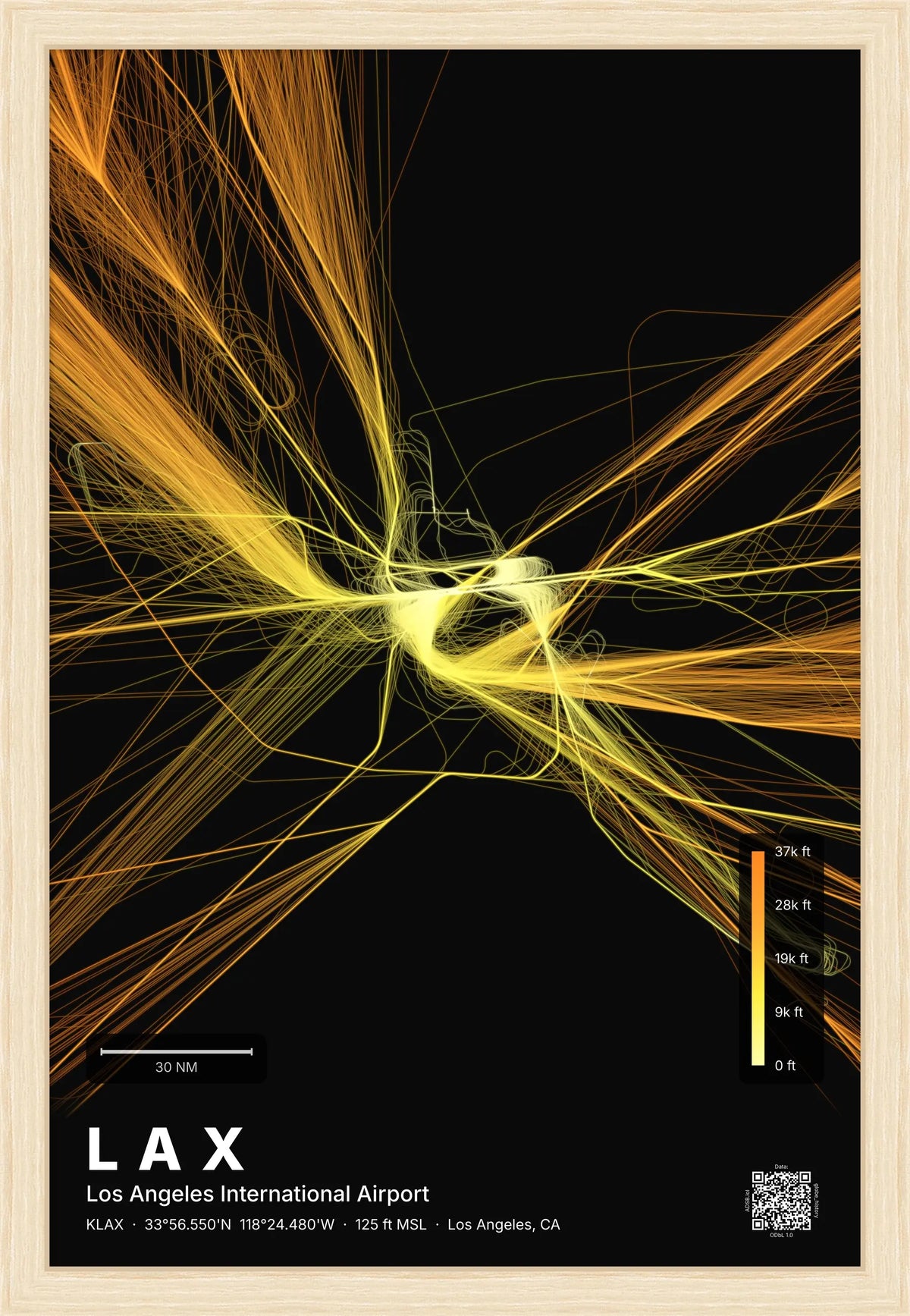LAX flight path print — Solana theme · Dark [material:framed_natural]