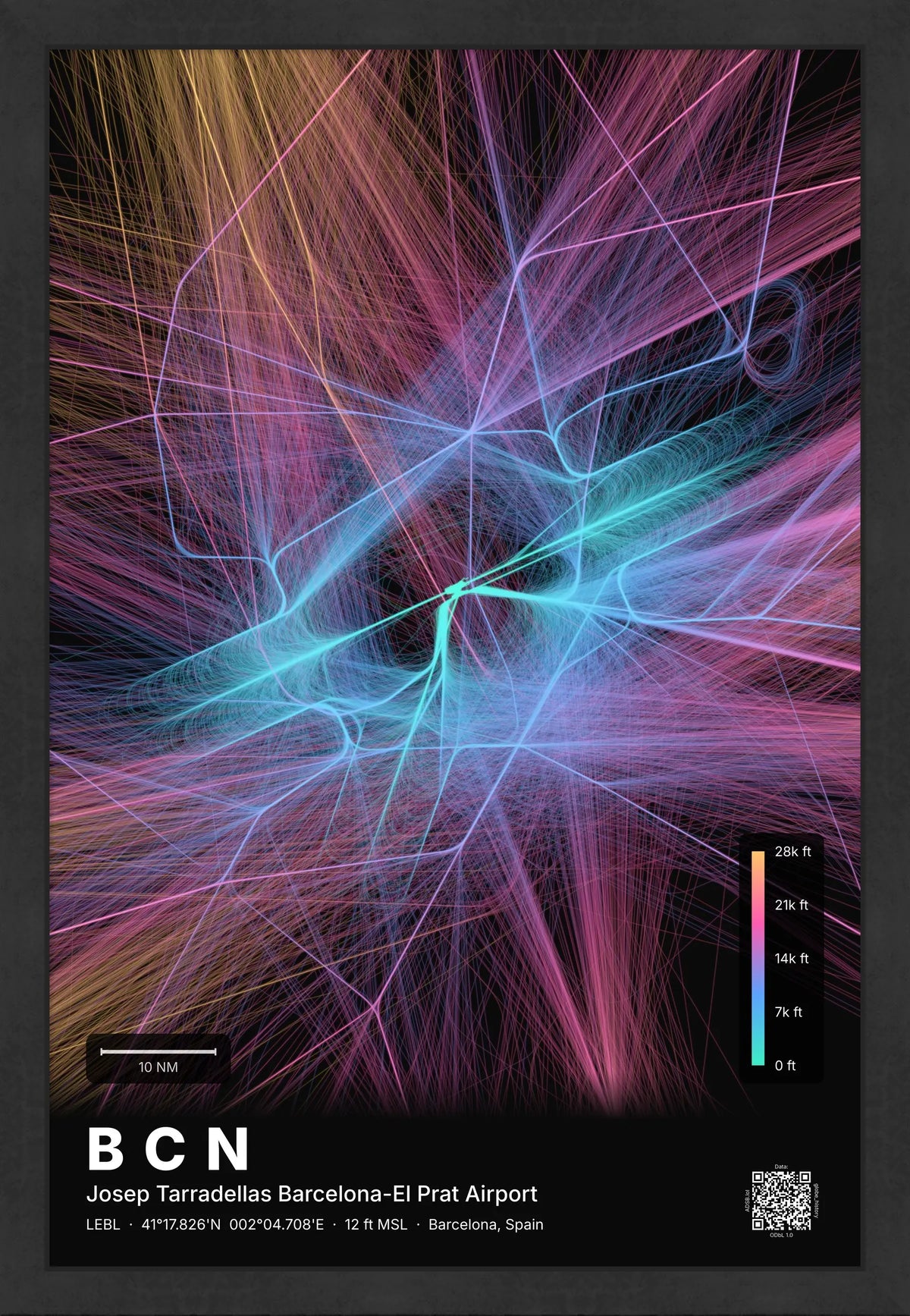 BCN flight path map — Aurora theme · Dark [material:framed_black]