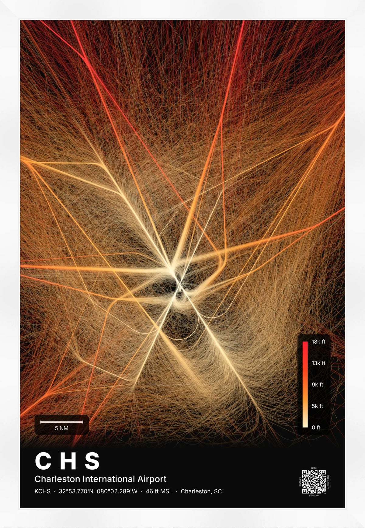 CHS flight path print — Inferno theme · Dark [material:framed_white]
