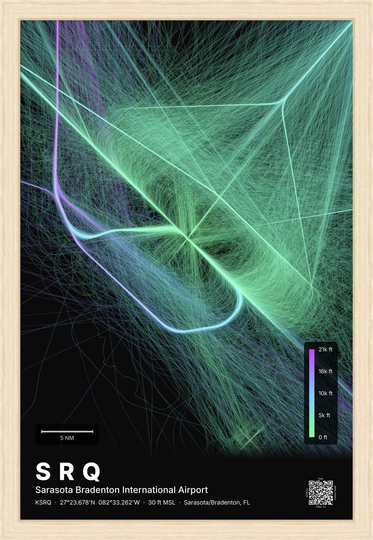 SRQ flight path print — Prism theme · Dark [material:framed_natural]