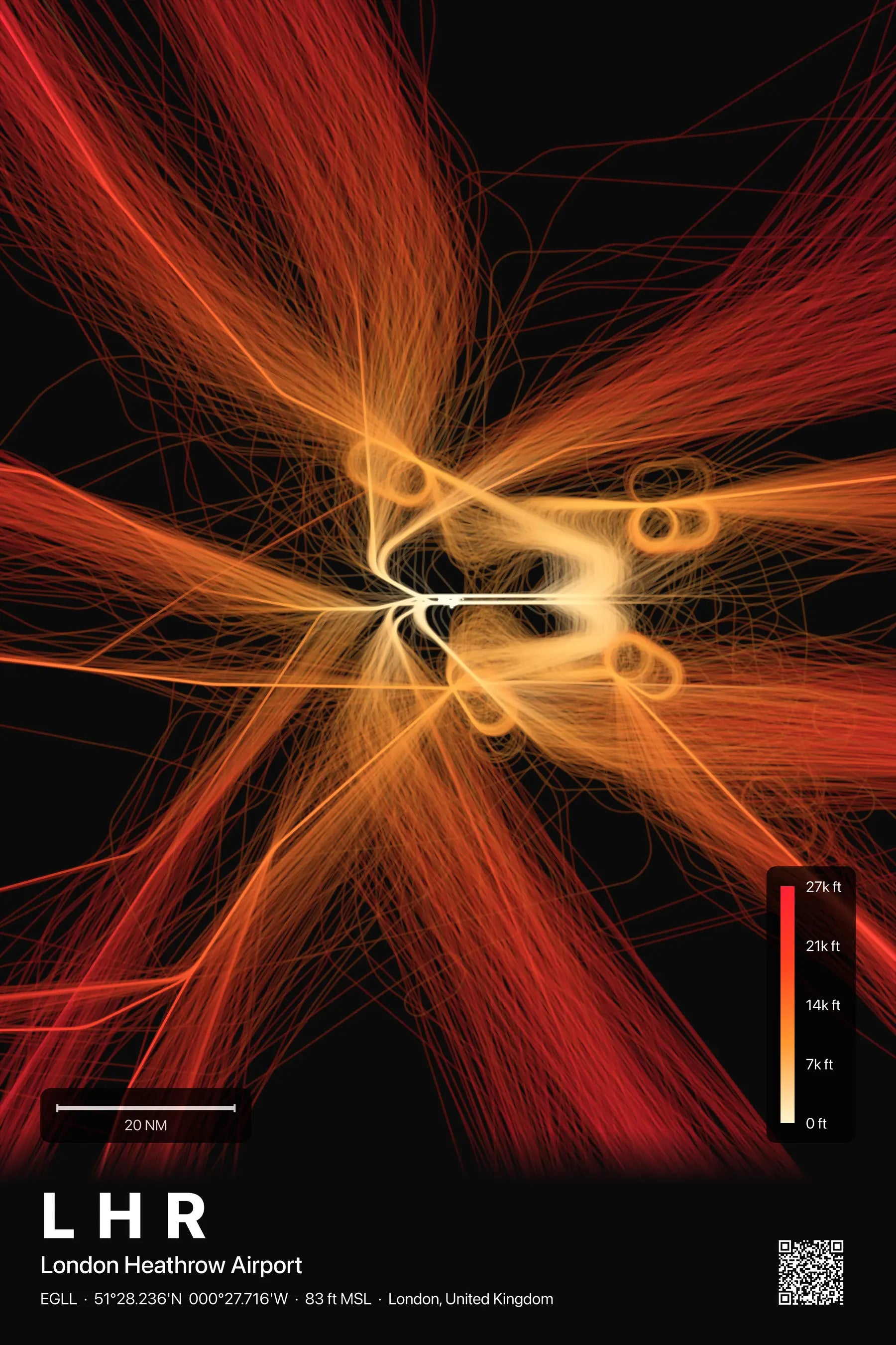 LHR flight path print — Inferno theme · Dark