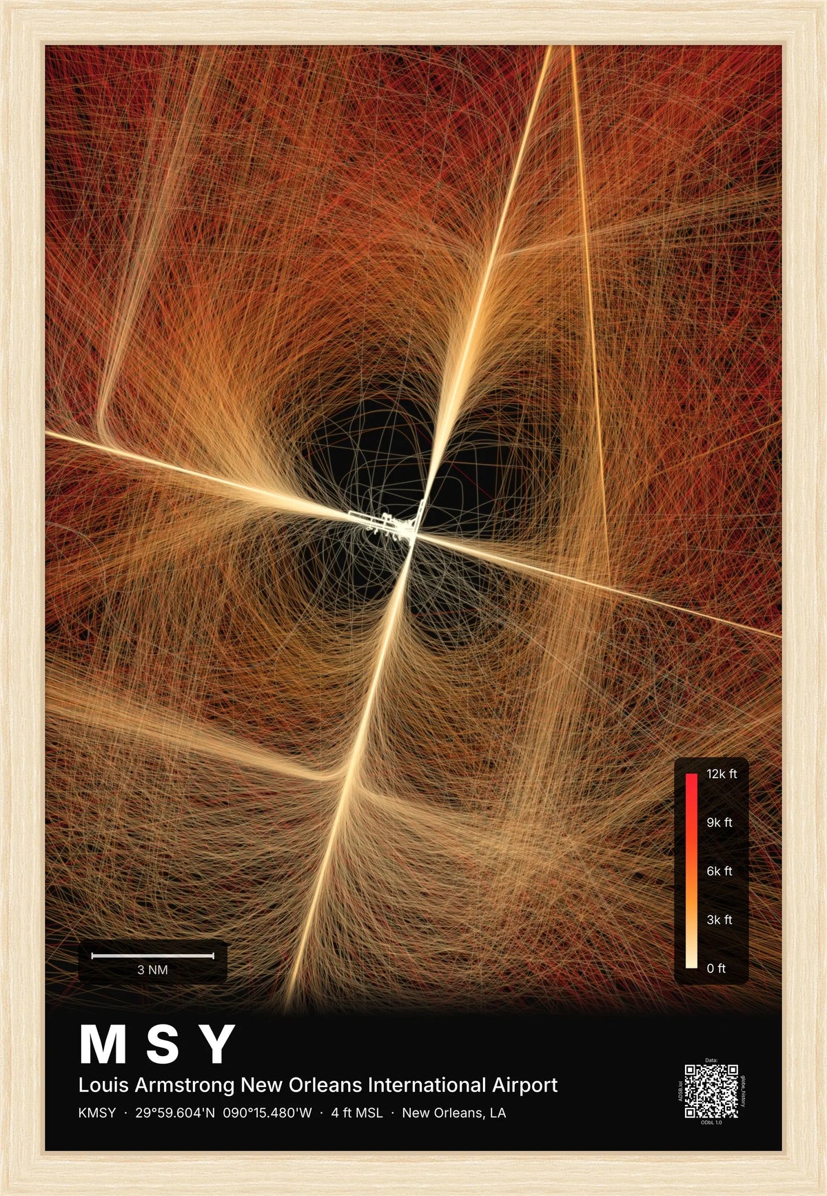 MSY flight path print — Inferno theme · Dark [material:framed_natural]