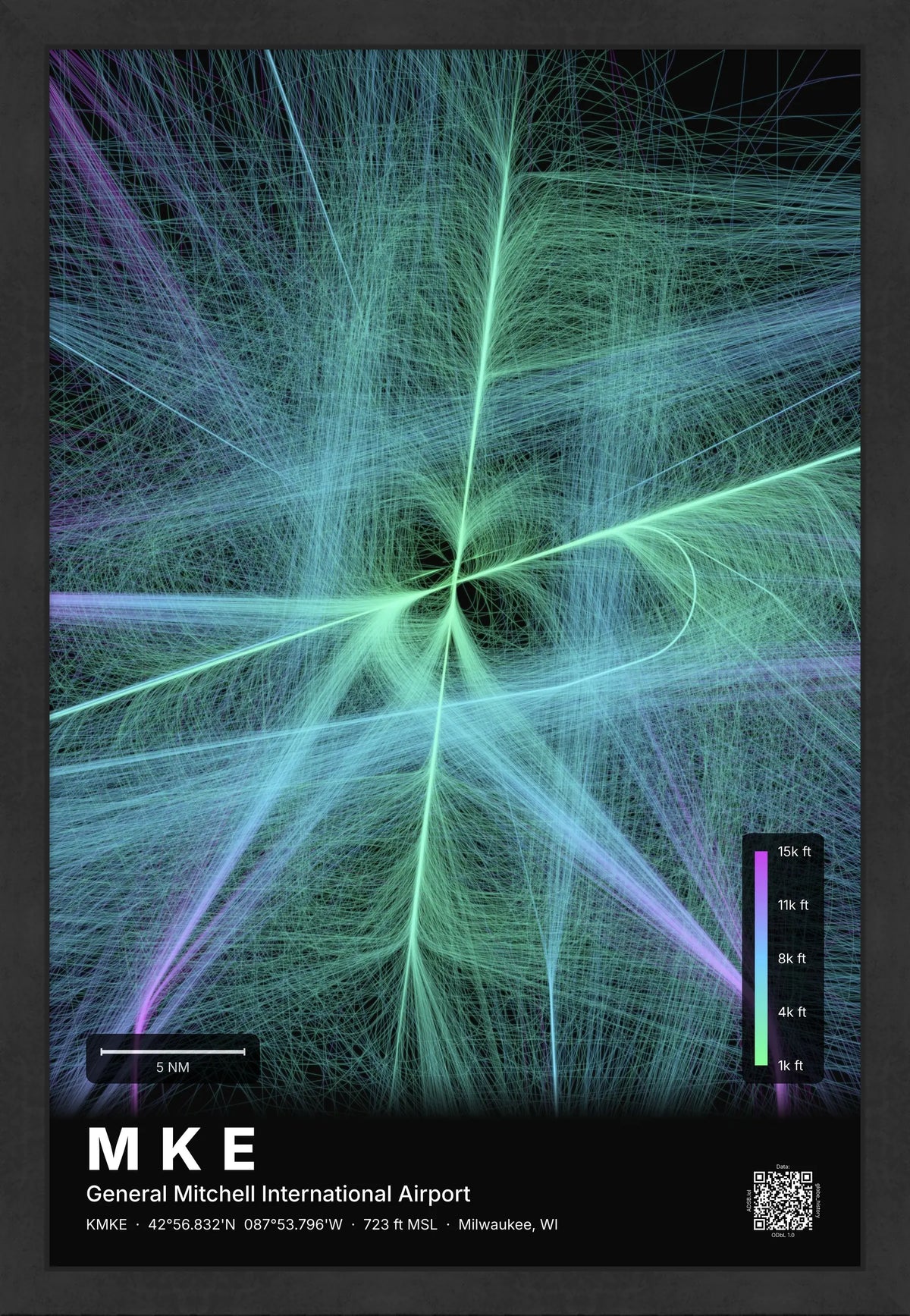 MKE flight path print — Prism theme · Dark [material:framed_black]