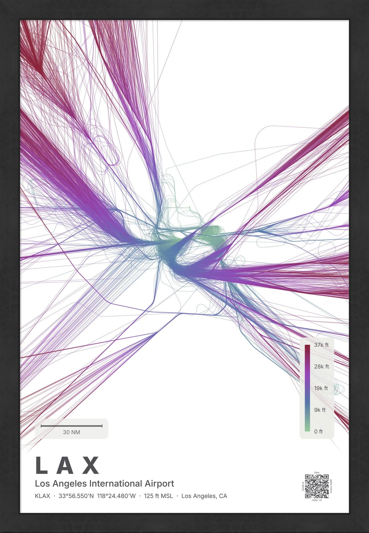 LAX flight path print — Prism theme · Light [material:framed_black]