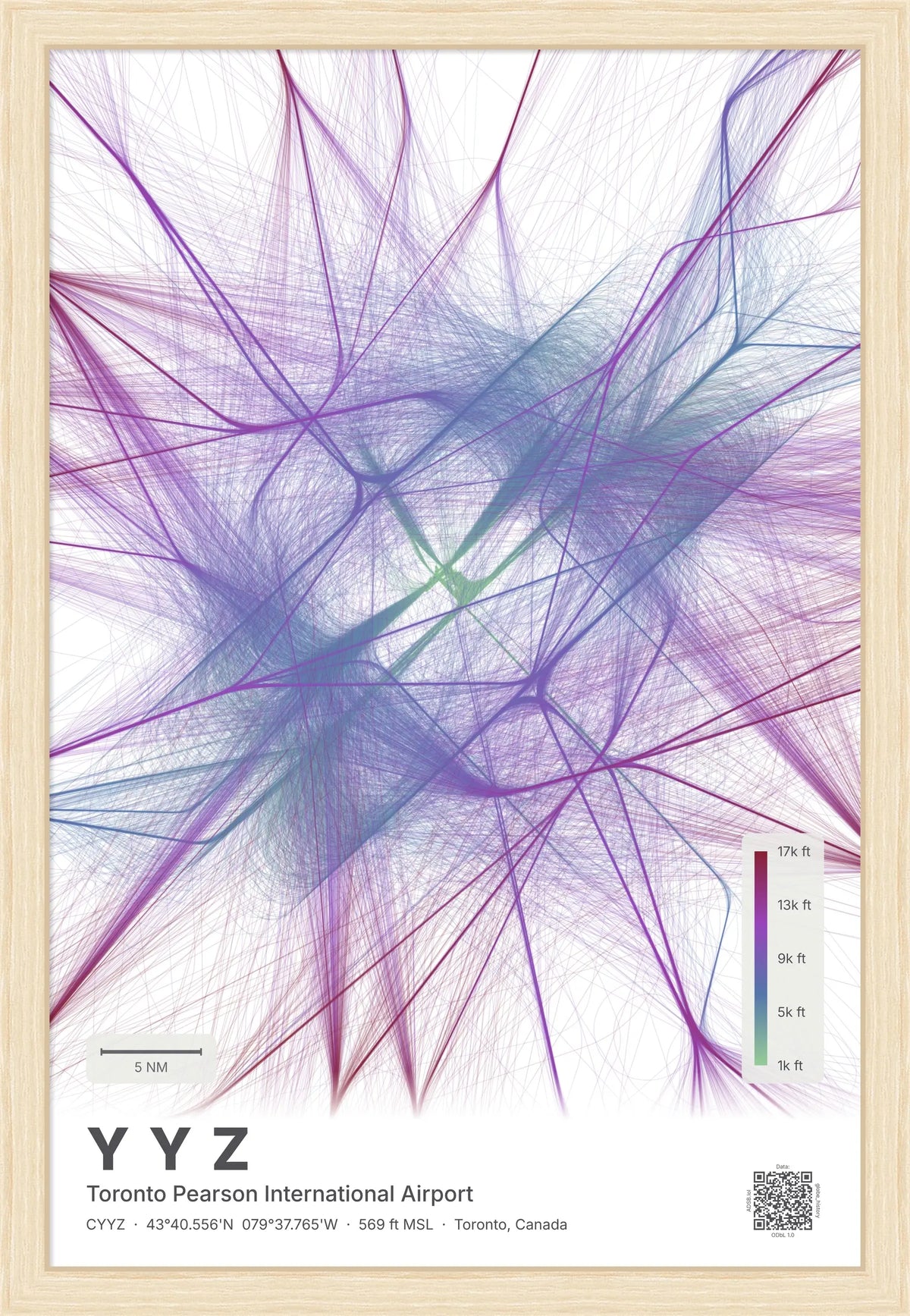 YYZ flight path map — Prism theme · Light [material:framed_natural]