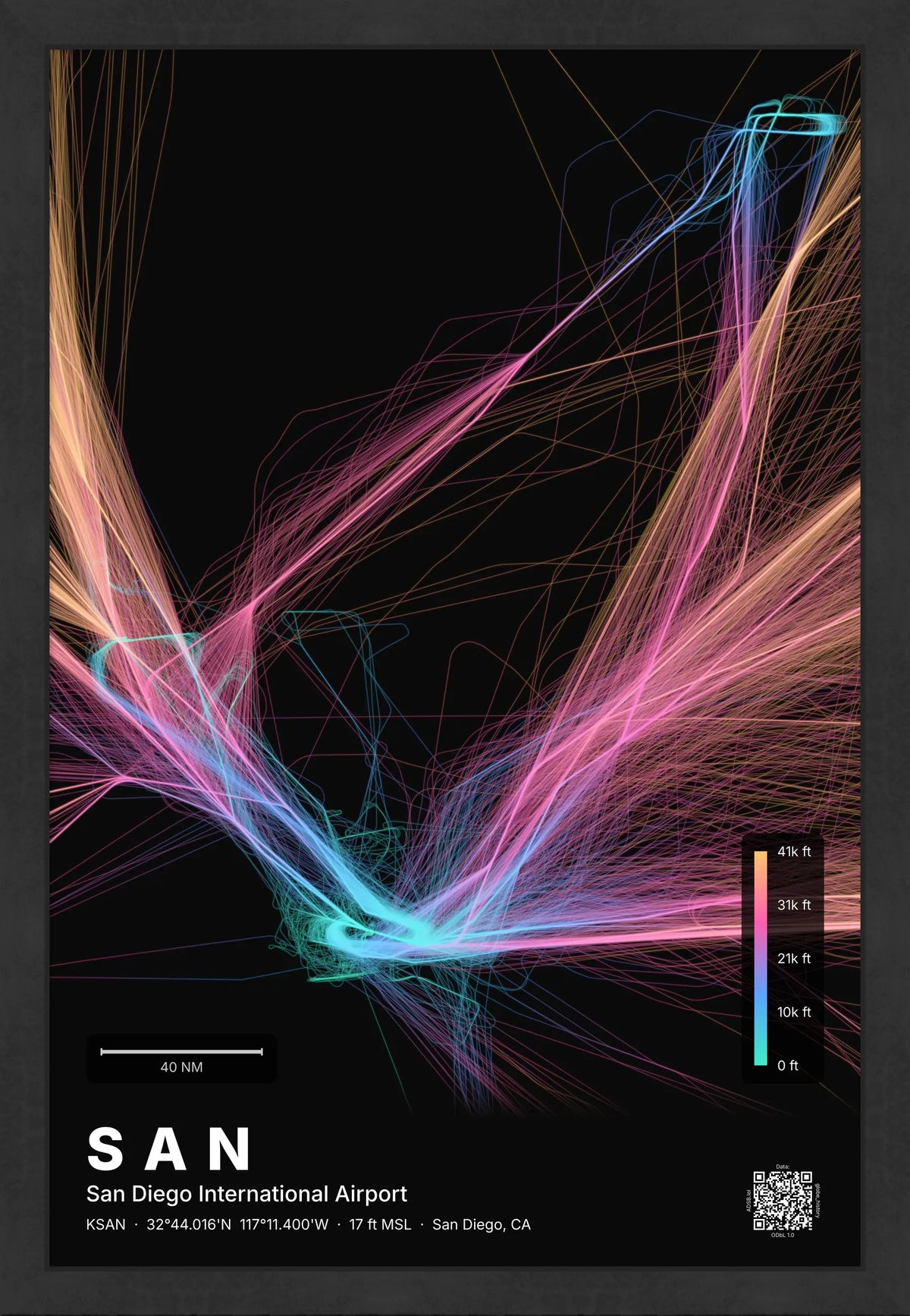 SAN flight path print — Aurora theme · Dark [material:framed_black]