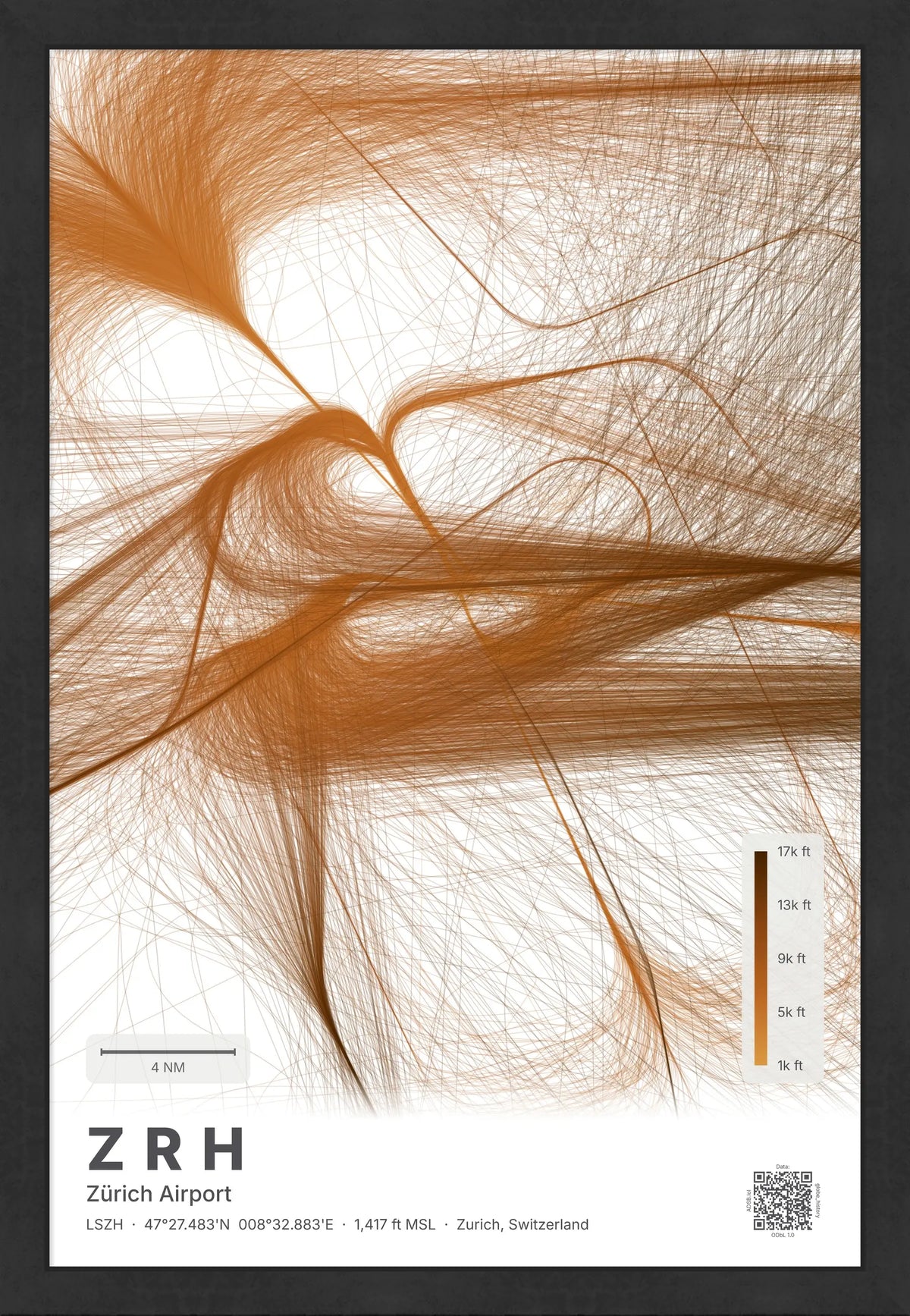 ZRH flight path map — Solana theme · Light [material:framed_black]
