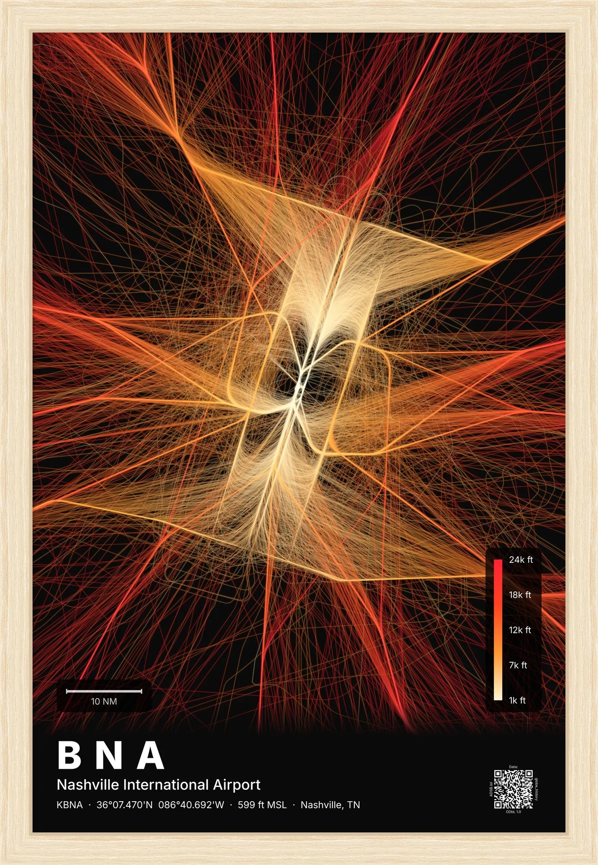 BNA flight path print — Inferno theme · Dark [material:framed_natural]