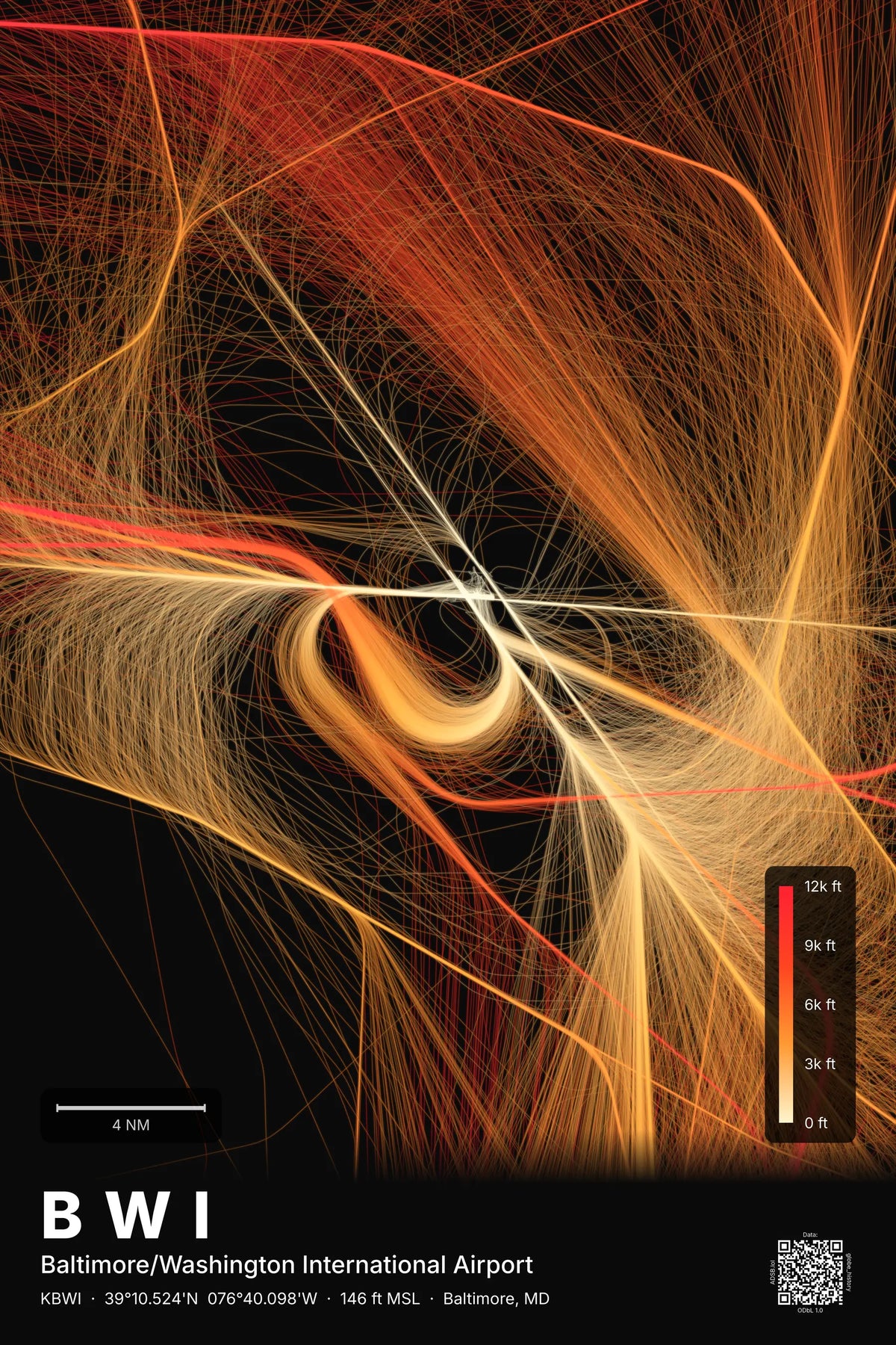 BWI flight path print — Inferno theme · Dark
