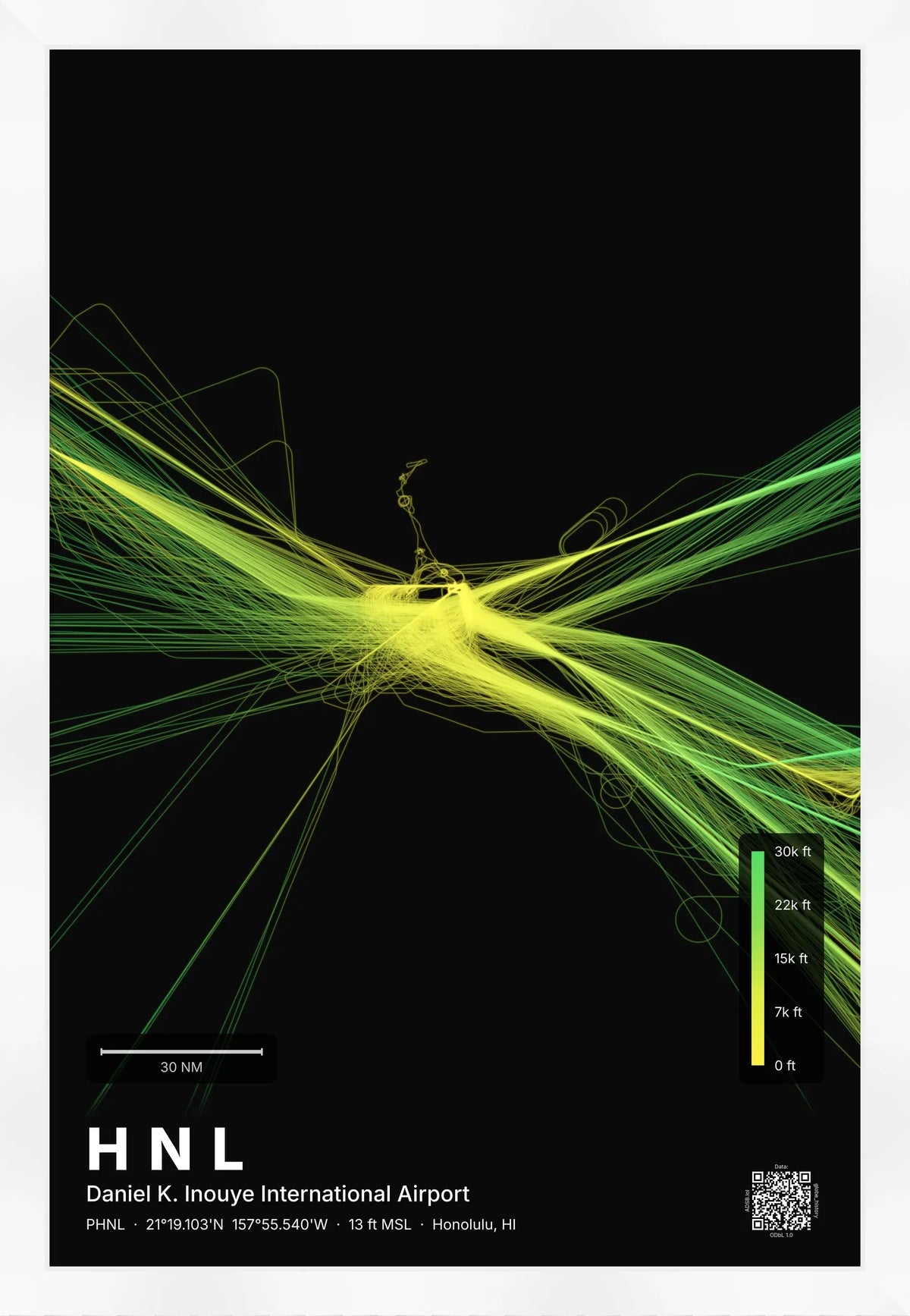 HNL flight path print — Citrus theme · Dark [material:framed_white]