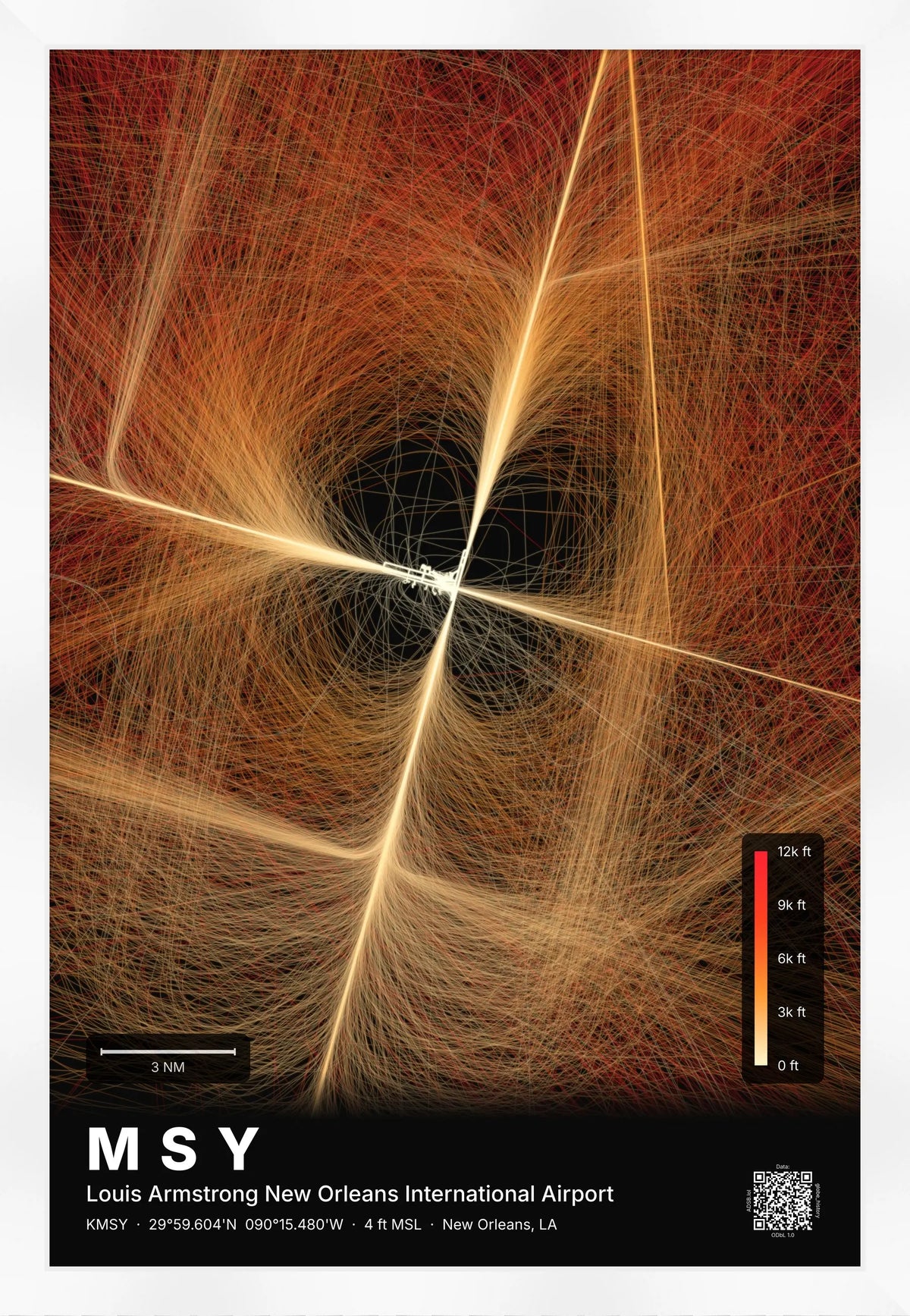 MSY flight path print — Inferno theme · Dark [material:framed_white]