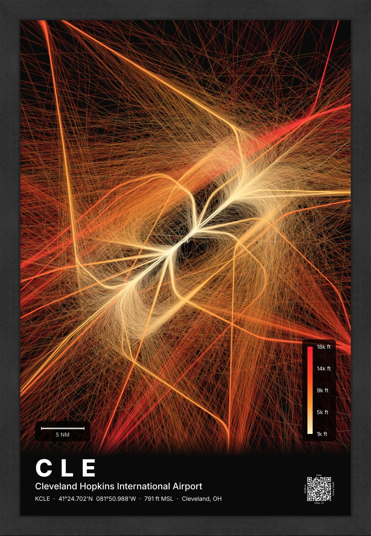 CLE flight path print — Inferno theme · Dark [material:framed_black]