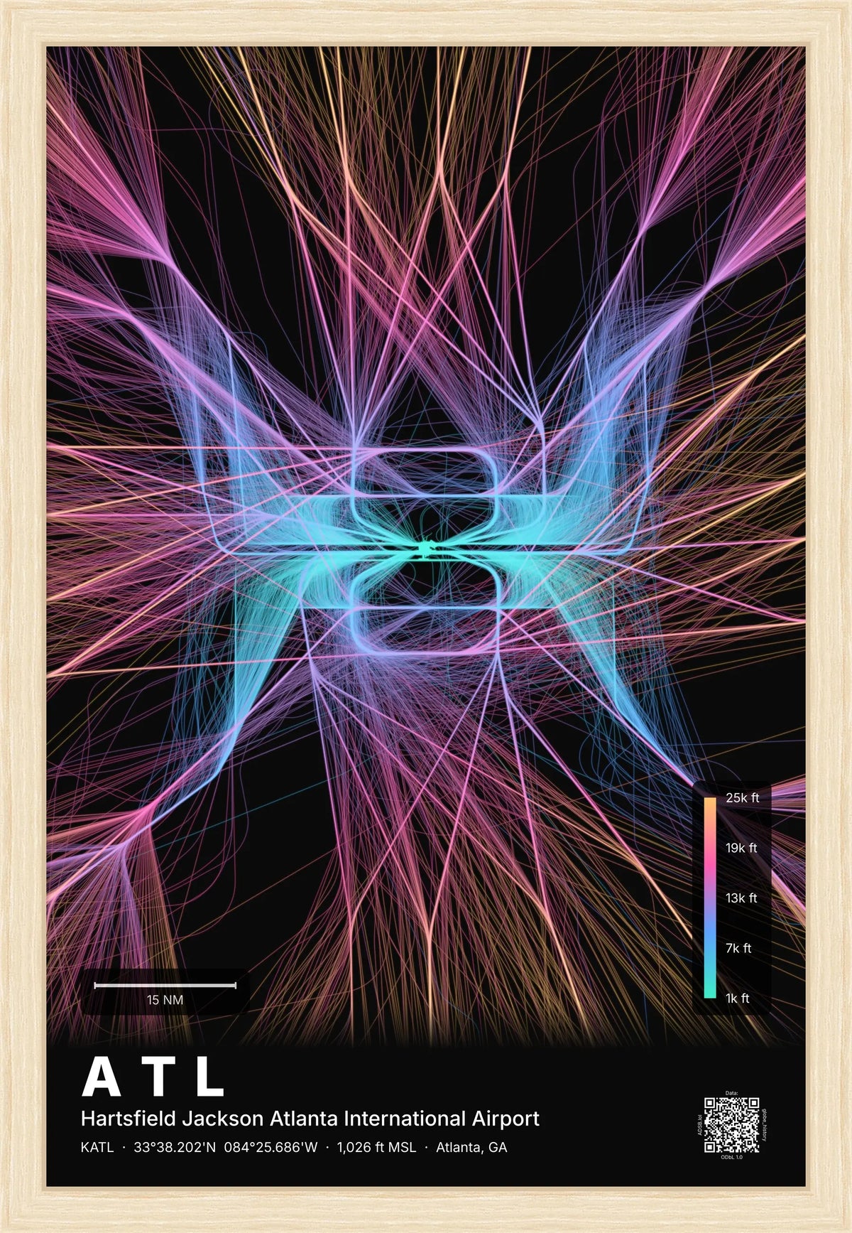 ATL flight path print — Aurora theme · Dark [material:framed_natural]