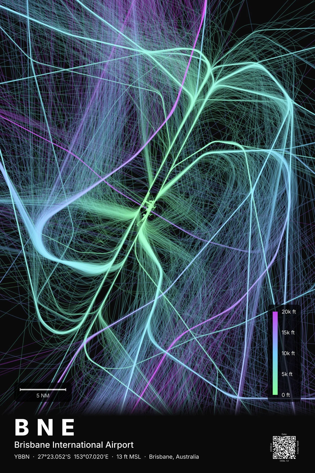 BNE flight path map — Prism theme · Dark