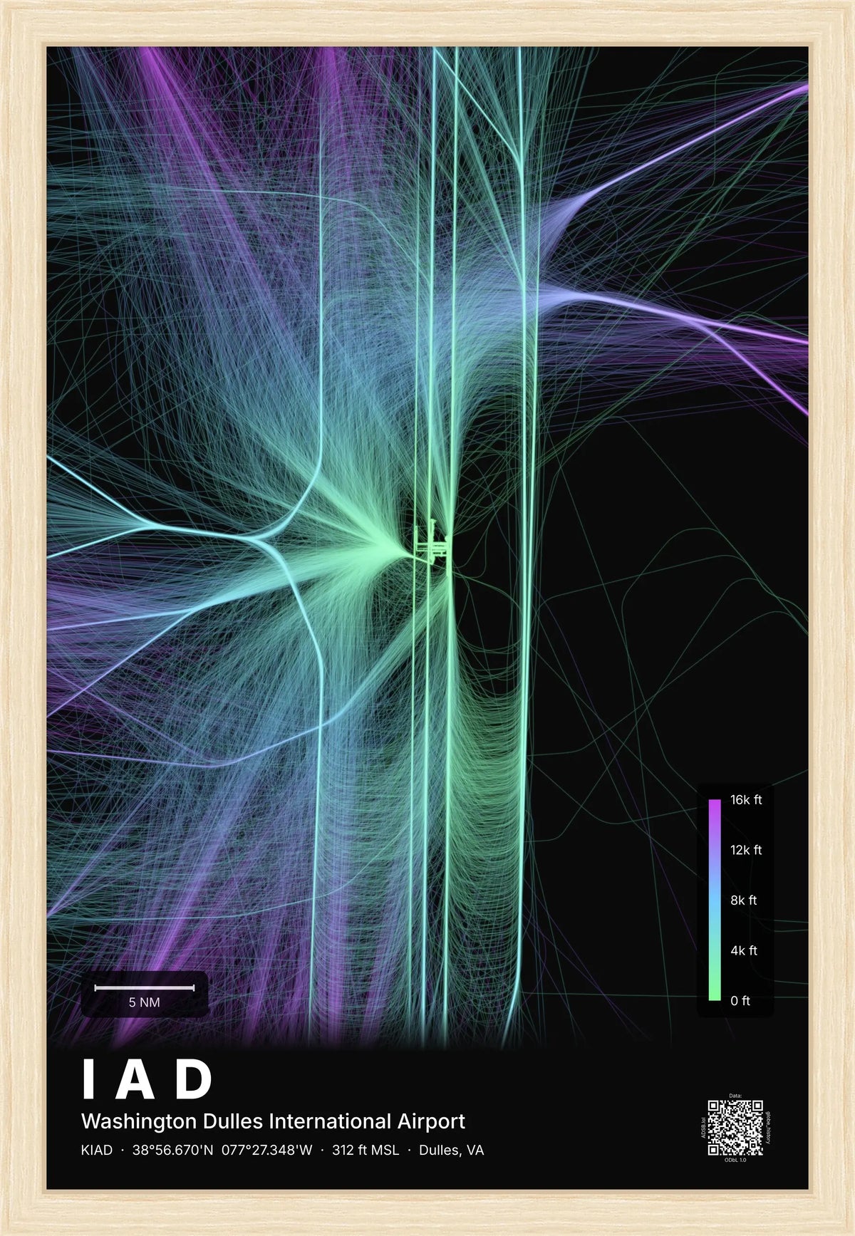 IAD flight path print — Prism theme · Dark [material:framed_natural]