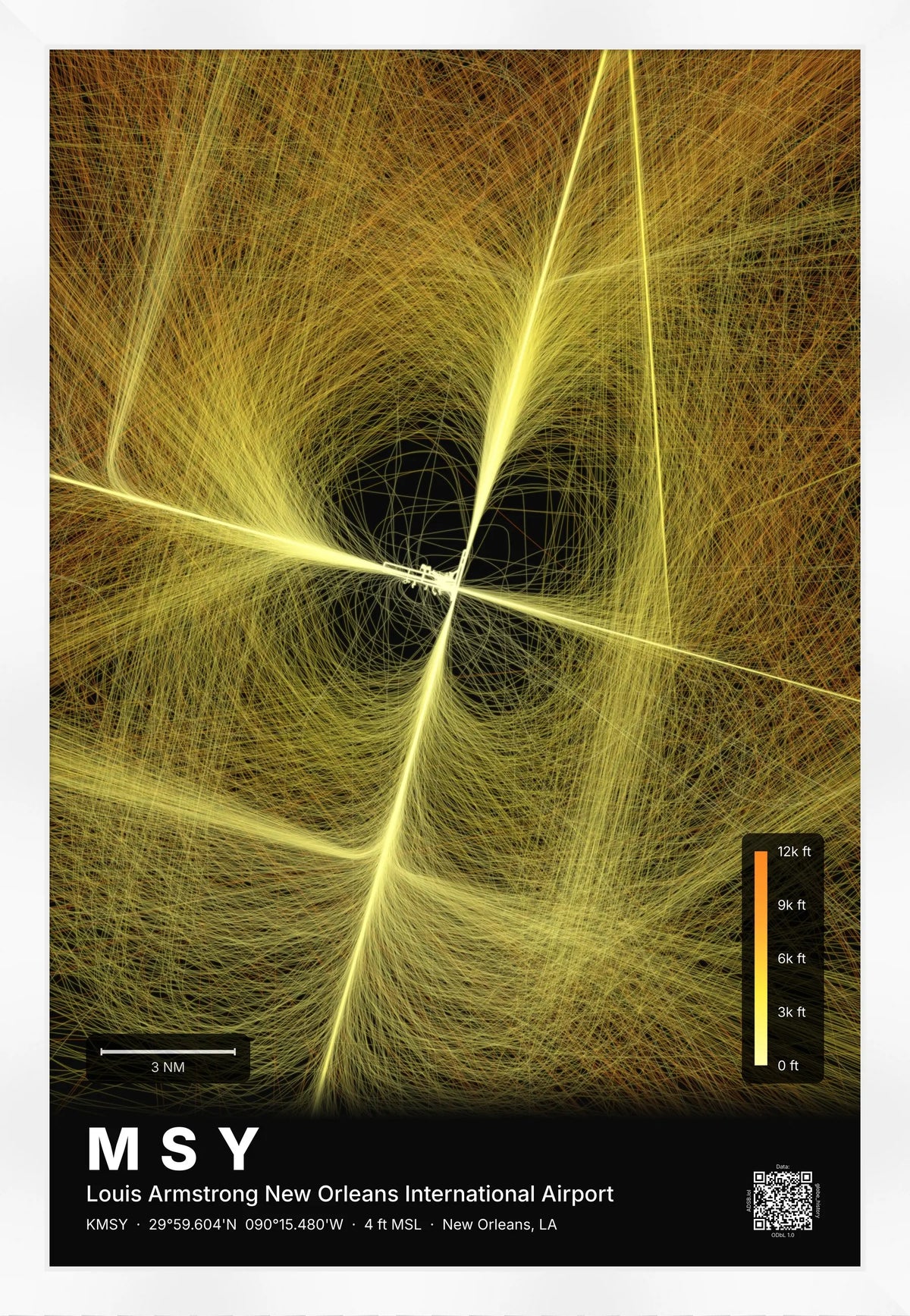MSY flight path print — Solana theme · Dark [material:framed_white]