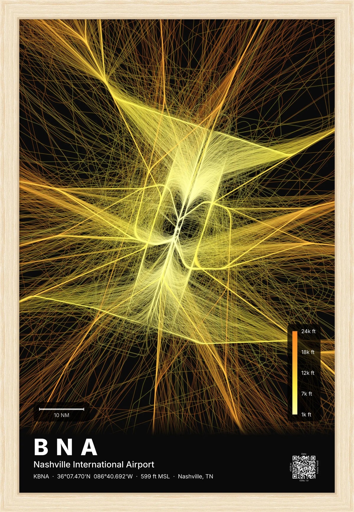 BNA flight path print — Solana theme · Dark [material:framed_natural]