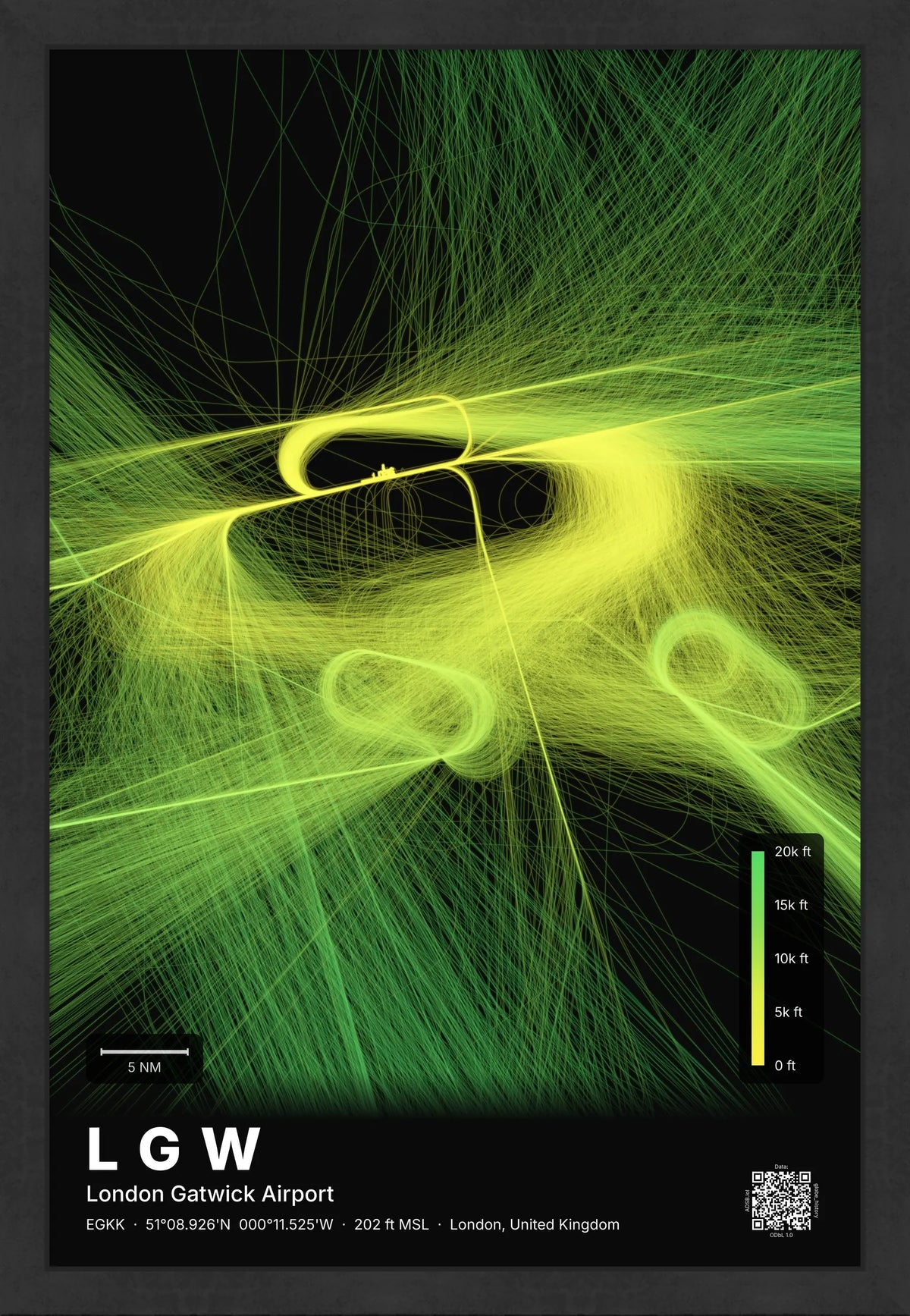 LGW flight path map — Citrus theme · Dark [material:framed_black]