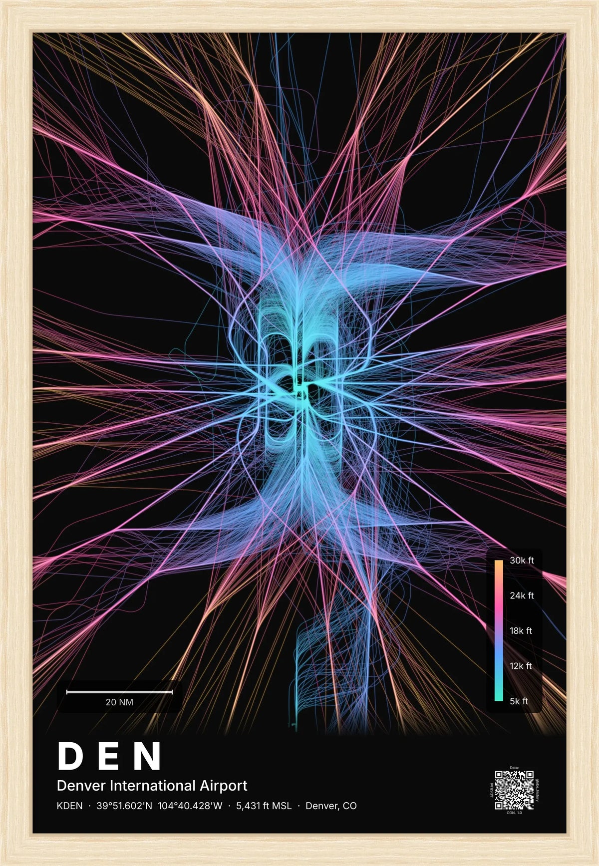 DEN flight path print — Aurora theme · Dark [material:framed_natural]