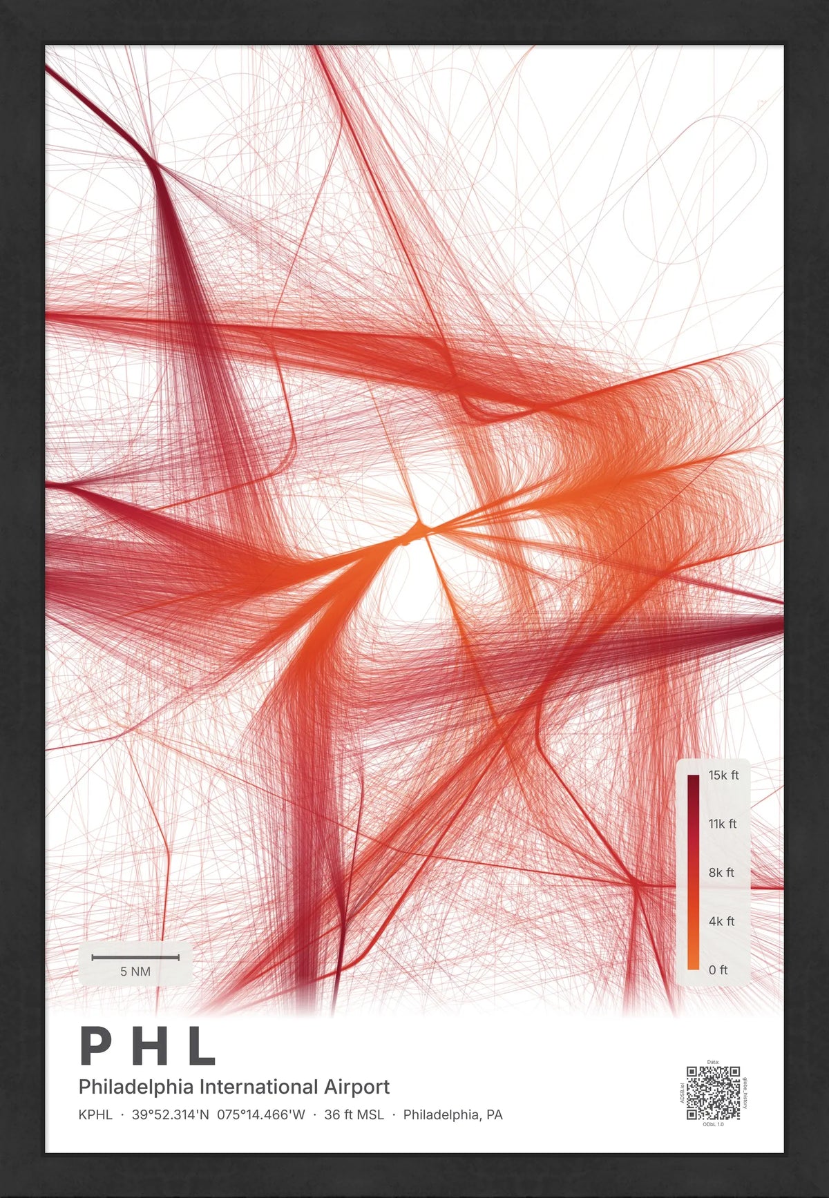 PHL flight path print — Inferno theme · Light [material:framed_black]