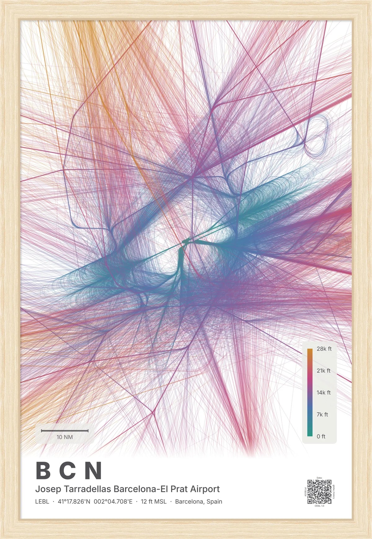 BCN flight path map — Aurora theme · Light [material:framed_natural]
