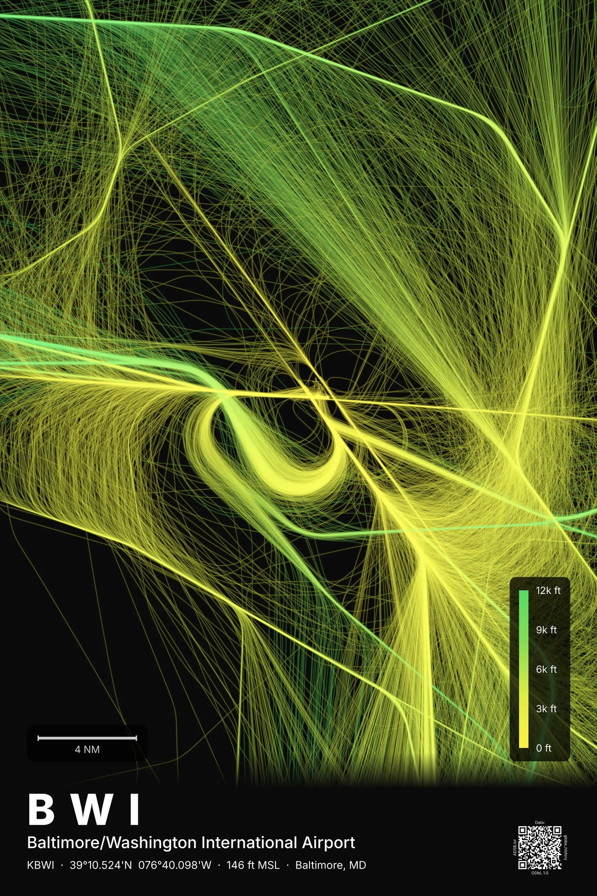 BWI flight path print — Citrus theme · Dark