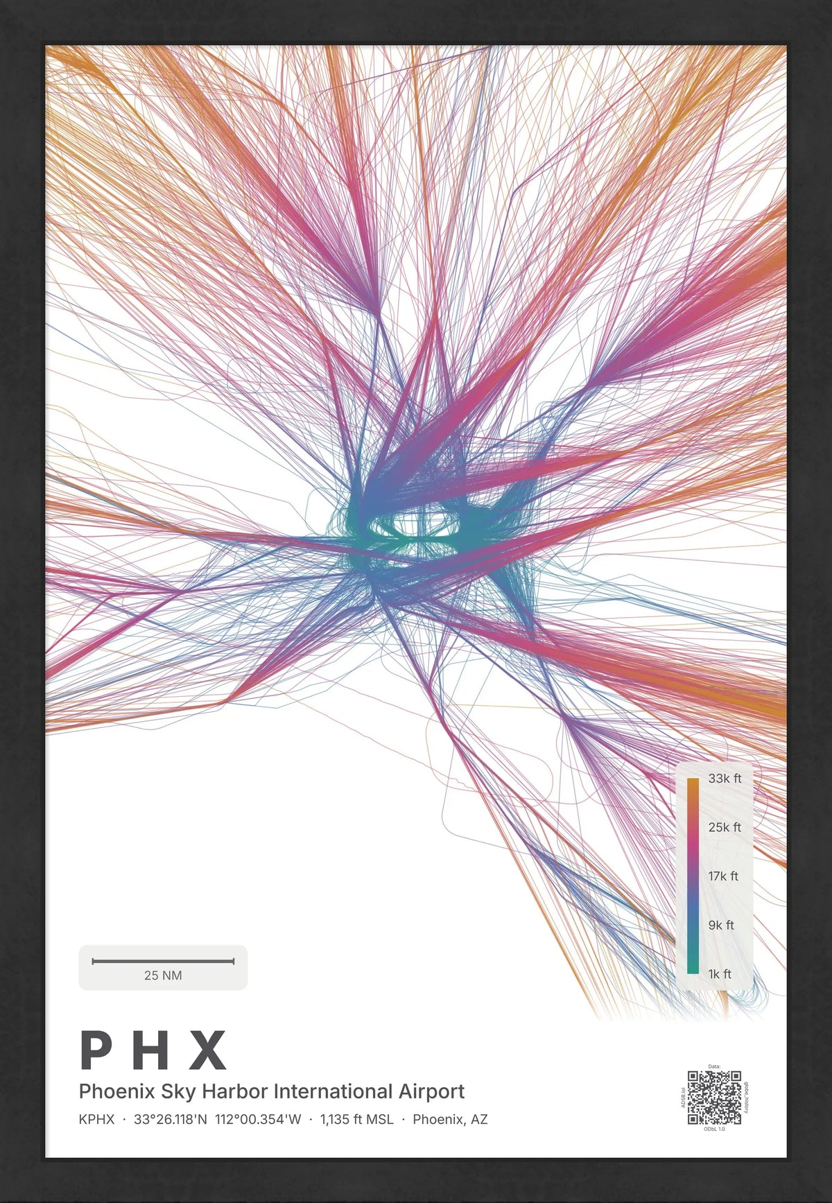PHX flight path print — Aurora theme · Light [material:framed_black]