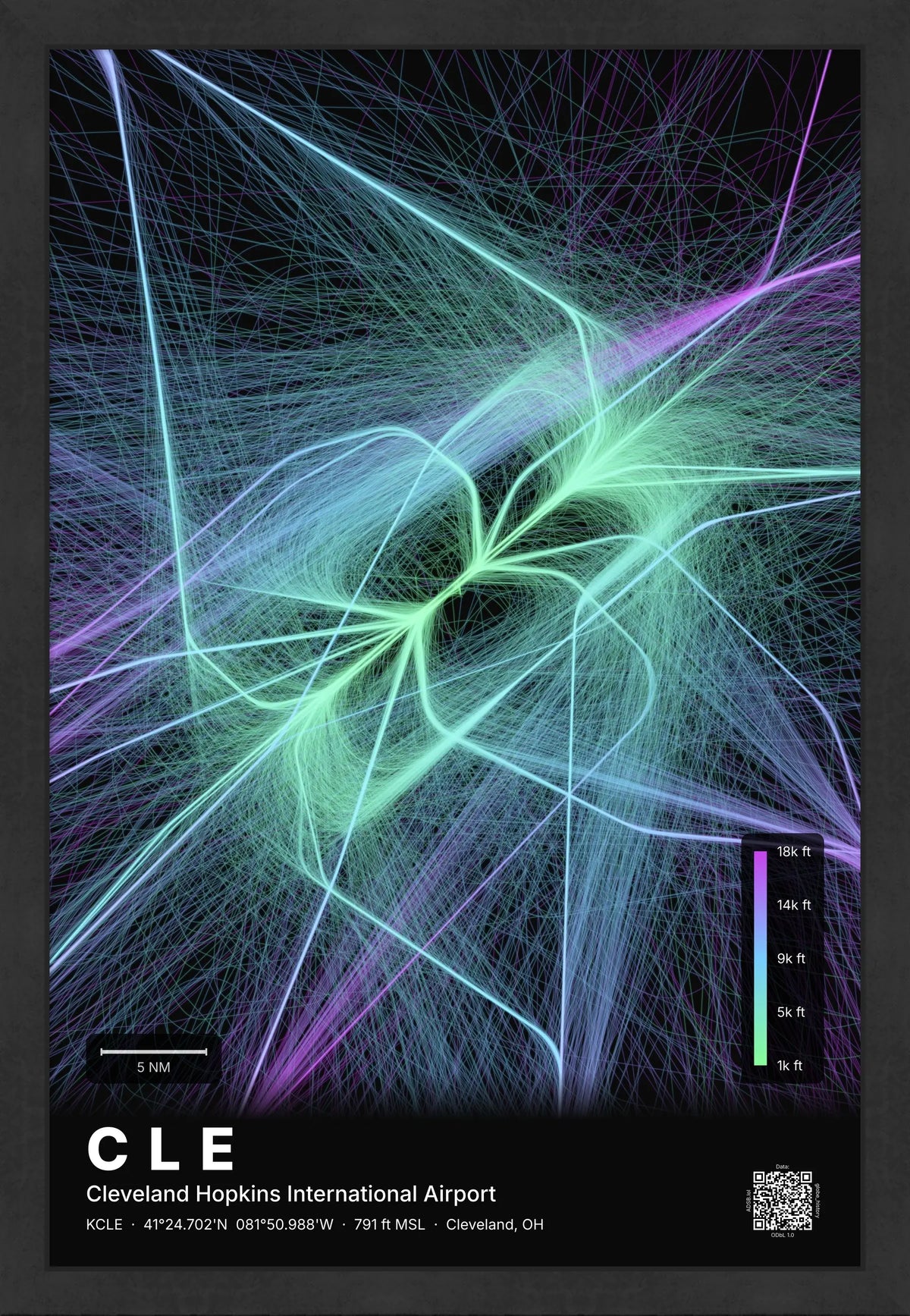 CLE flight path print — Prism theme · Dark [material:framed_black]