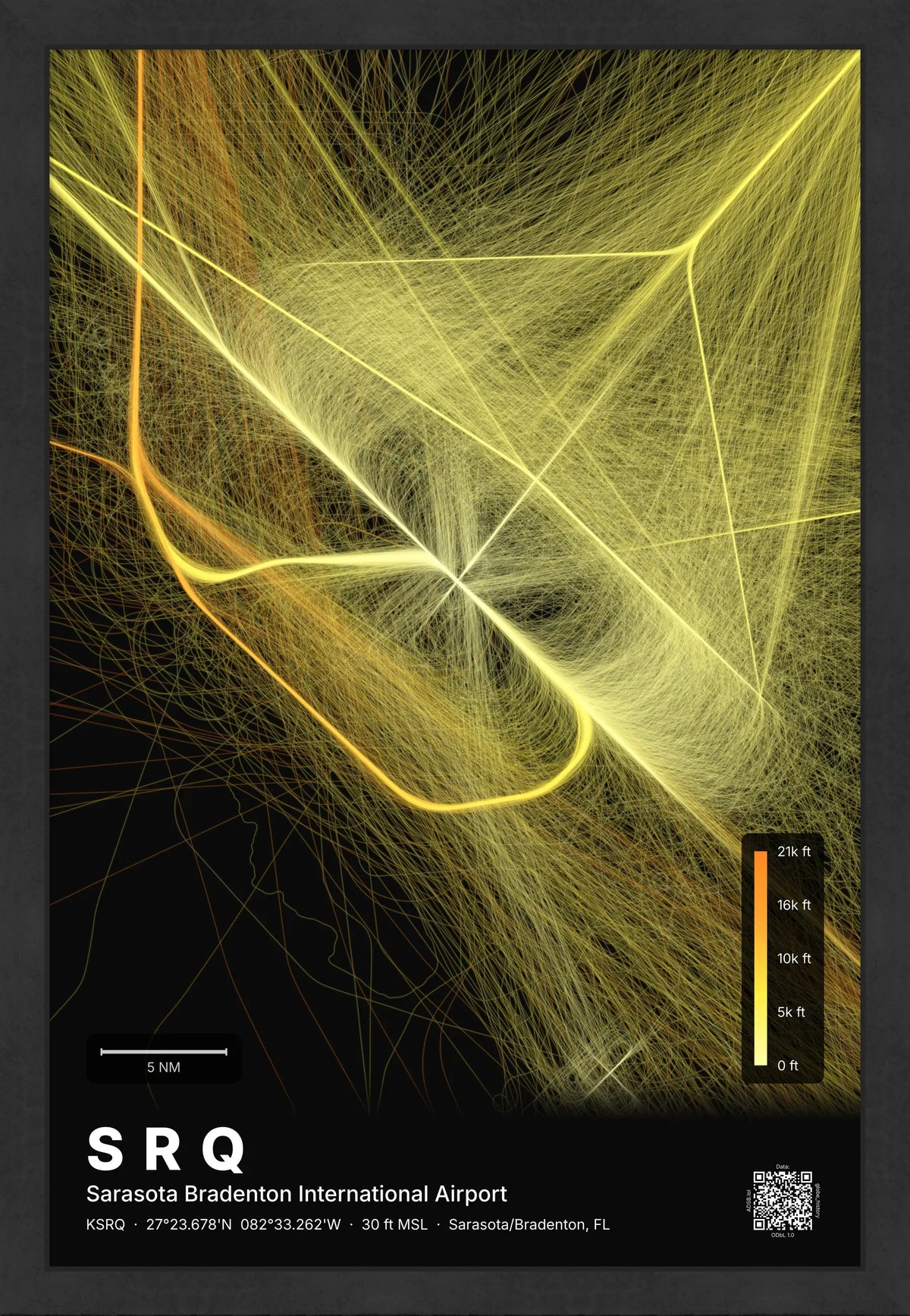 SRQ flight path print — Solana theme · Dark [material:framed_black]