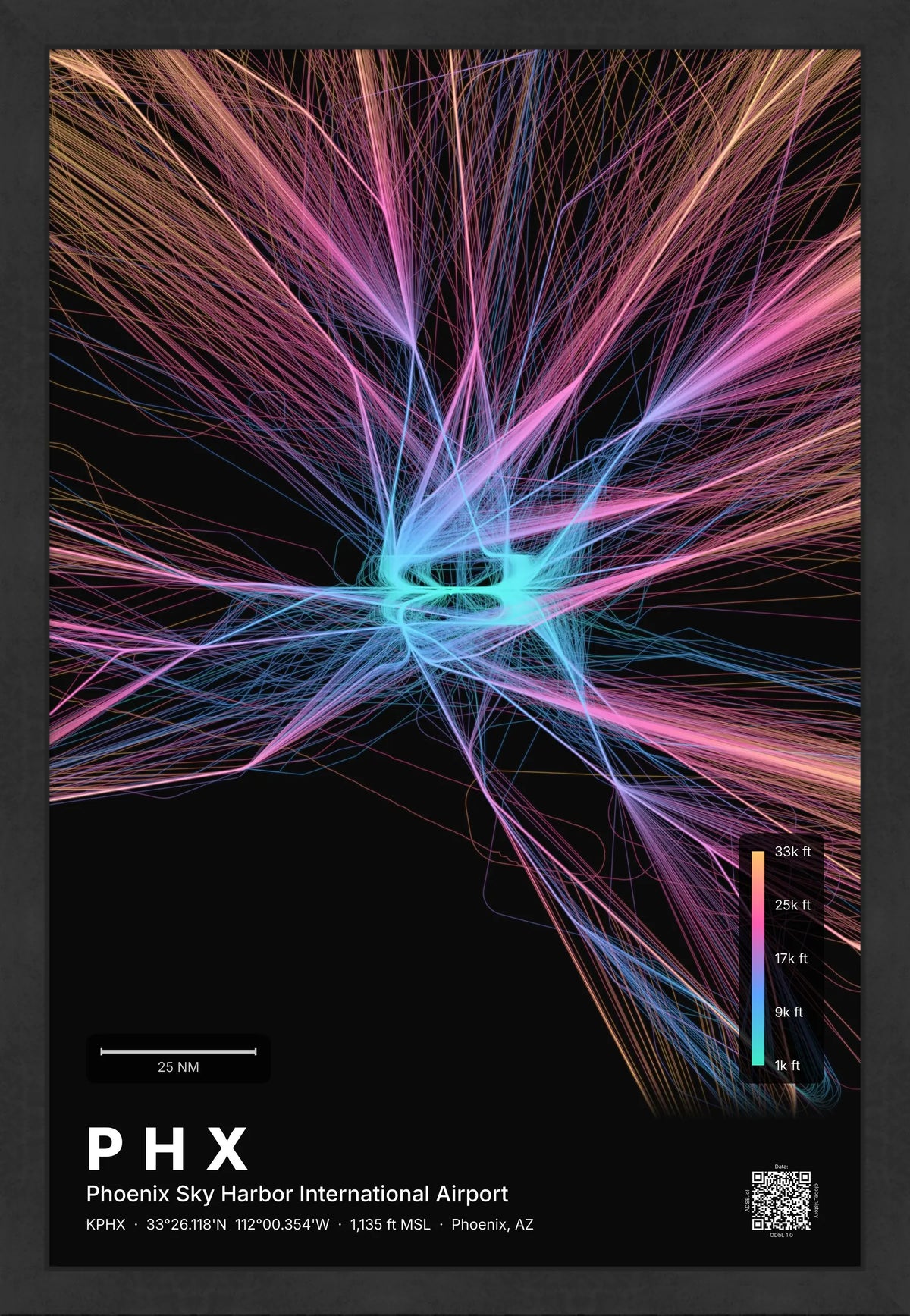 PHX flight path print — Aurora theme · Dark [material:framed_black]