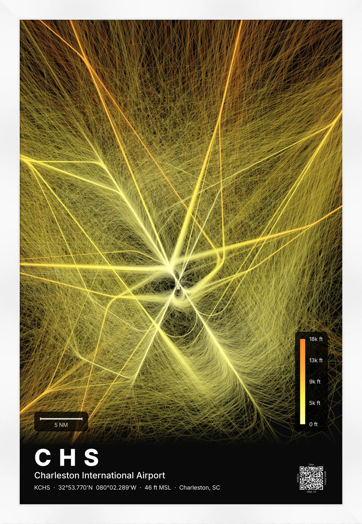 CHS flight path print — Solana theme · Dark [material:framed_white]