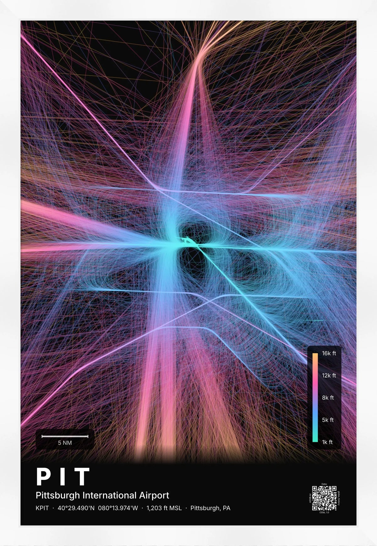 PIT flight path print — Aurora theme · Dark [material:framed_white]