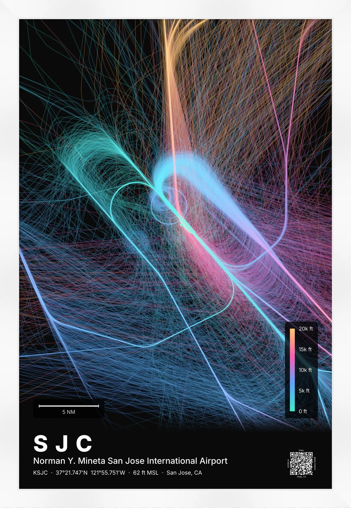SJC flight path map — Aurora theme · Dark [material:framed_white]