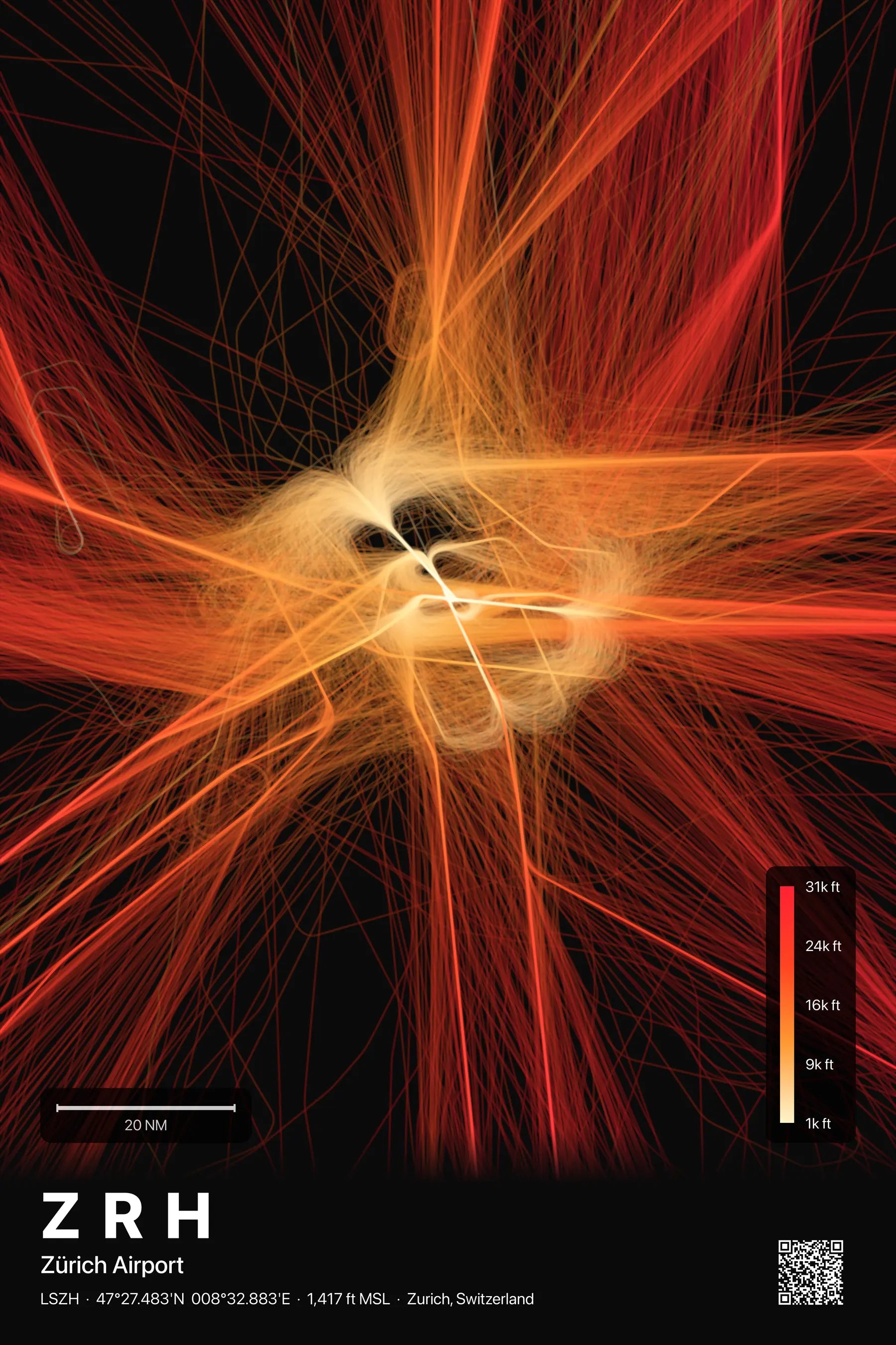 ZRH flight path print — Inferno theme · Dark