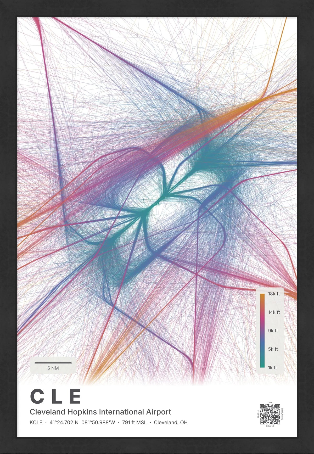 CLE flight path print — Aurora theme · Light [material:framed_black]