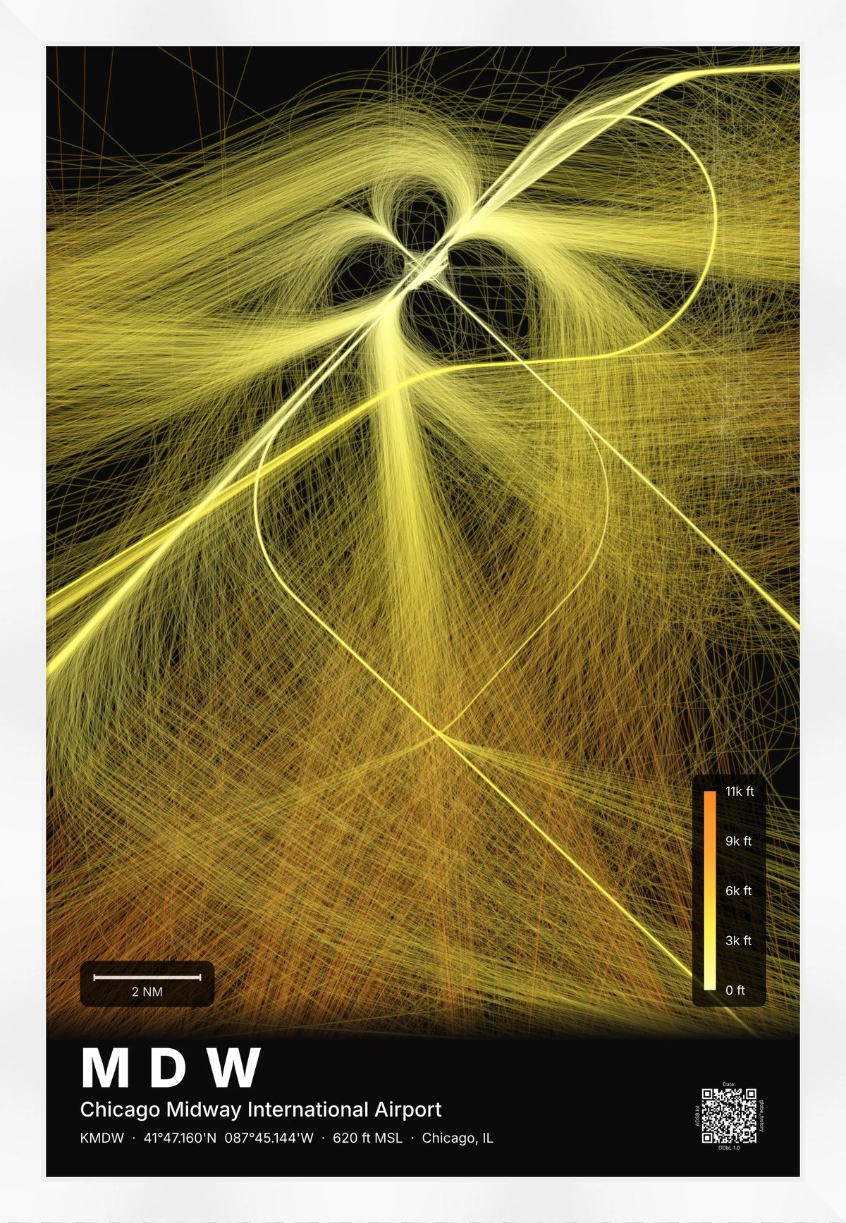 MDW flight path print — Solana theme · Dark [material:framed_white]