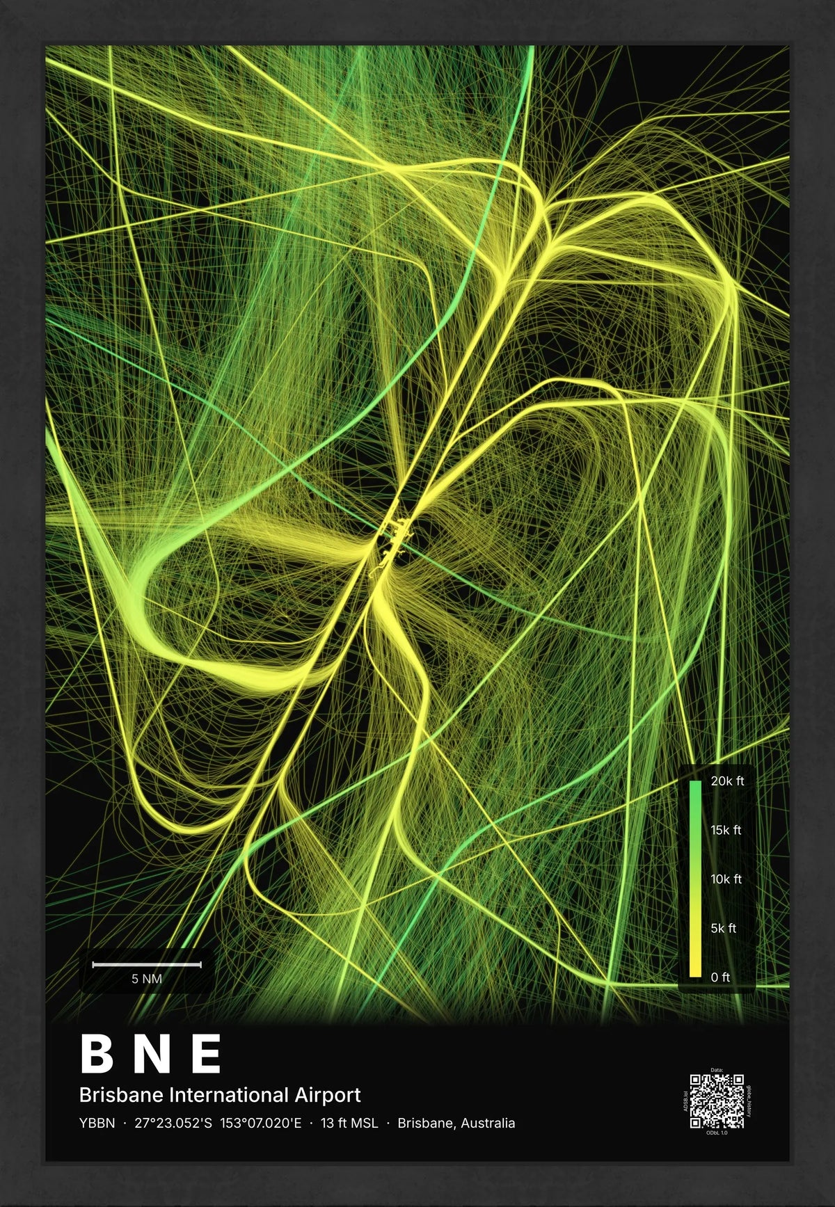 BNE flight path map — Citrus theme · Dark [material:framed_black]